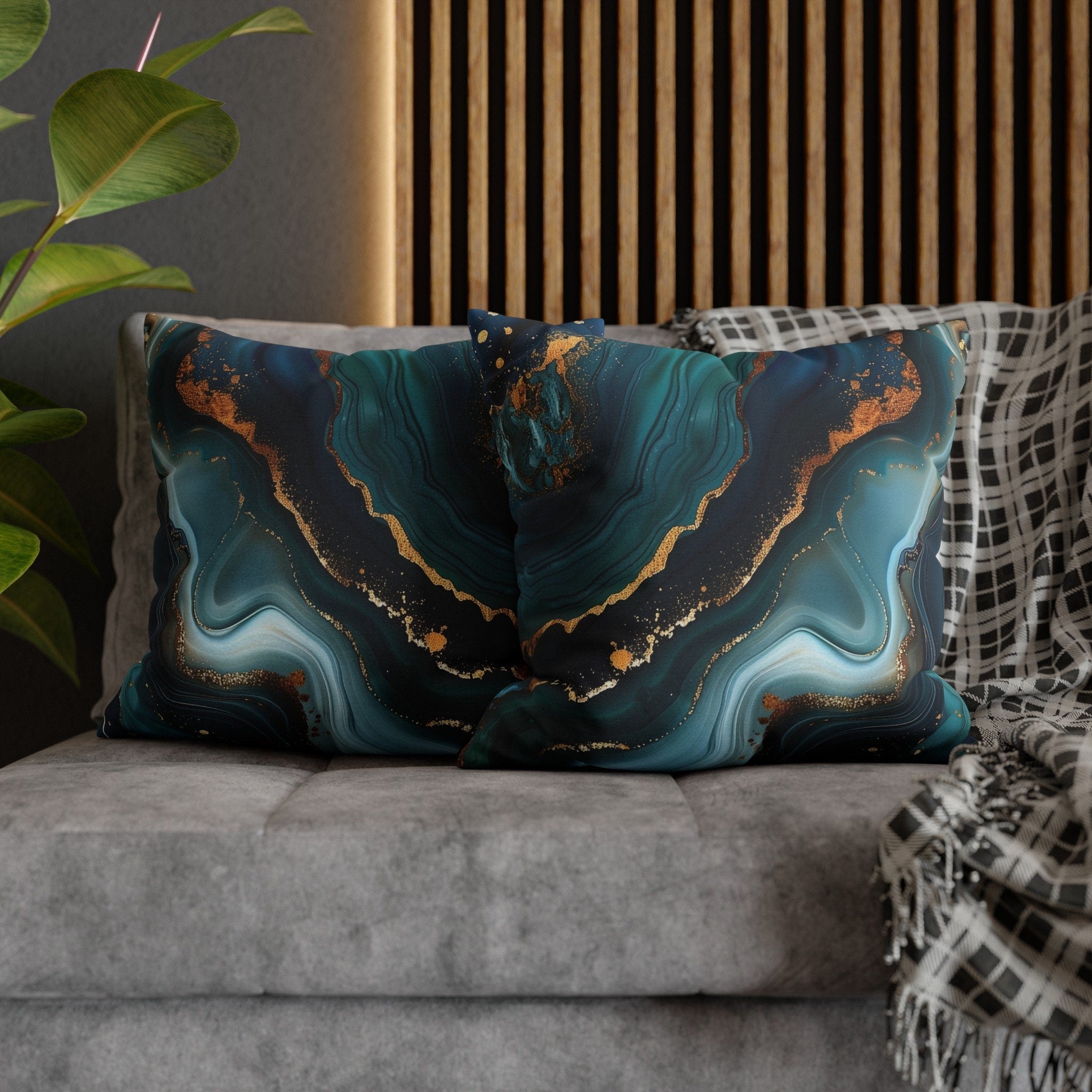 Ocean Waves Pillow Cover: Teal Navy & Gold Accent Cushion