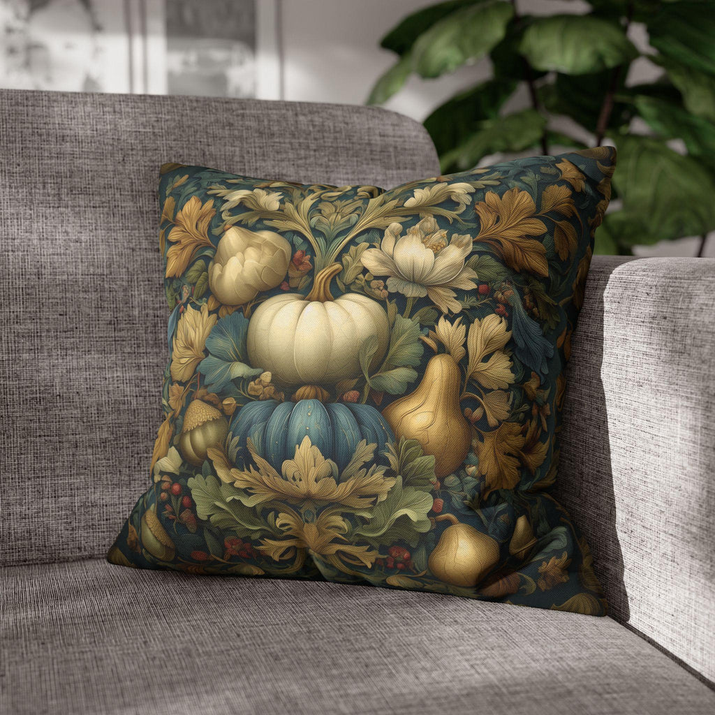 William Morris Inspired Autumn Pillow Cover: Teal, Gold, and Ivory Harvest Design