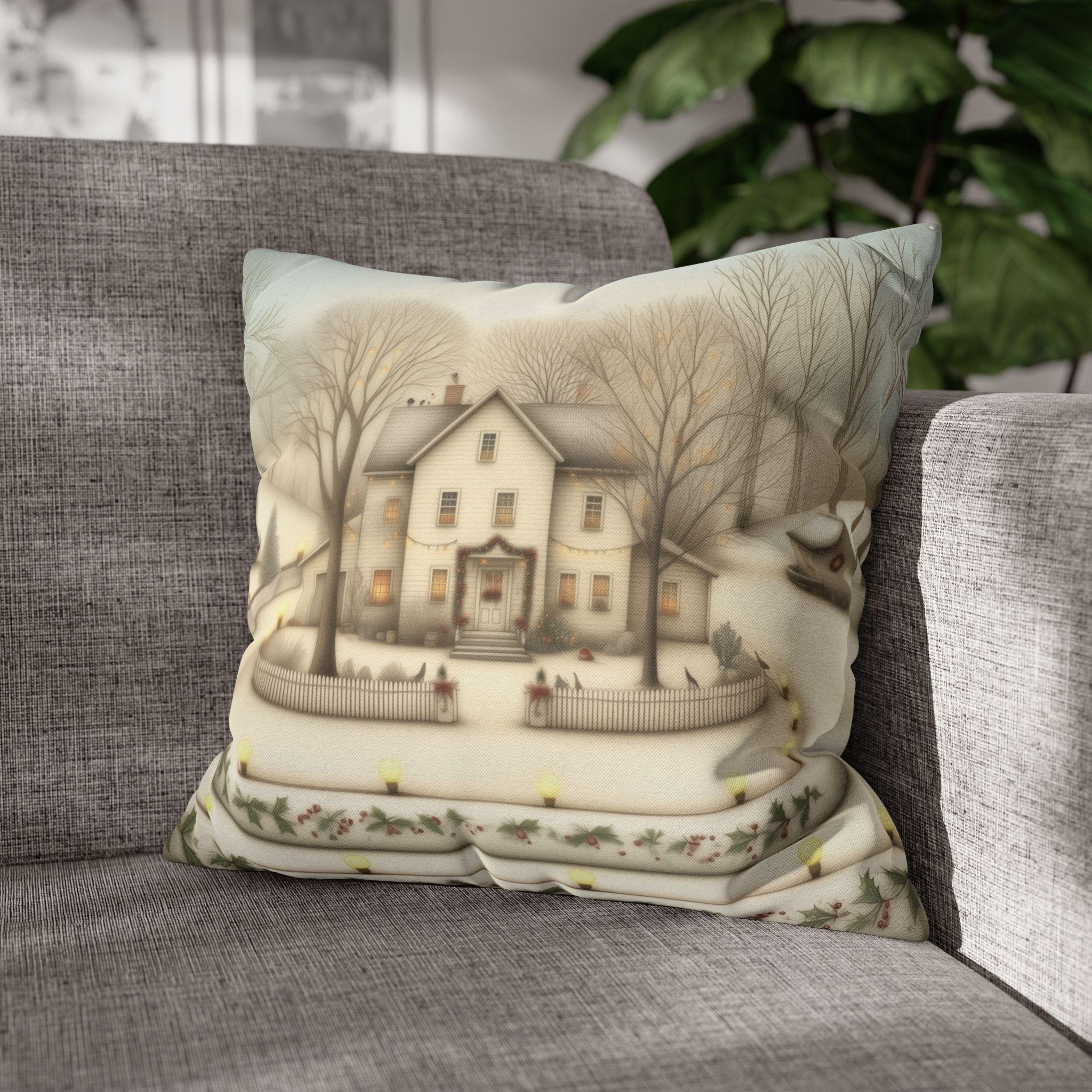 Country Farmhouse Christmas Pillow Cover: Vintage Style Winter Holiday Home Scene
