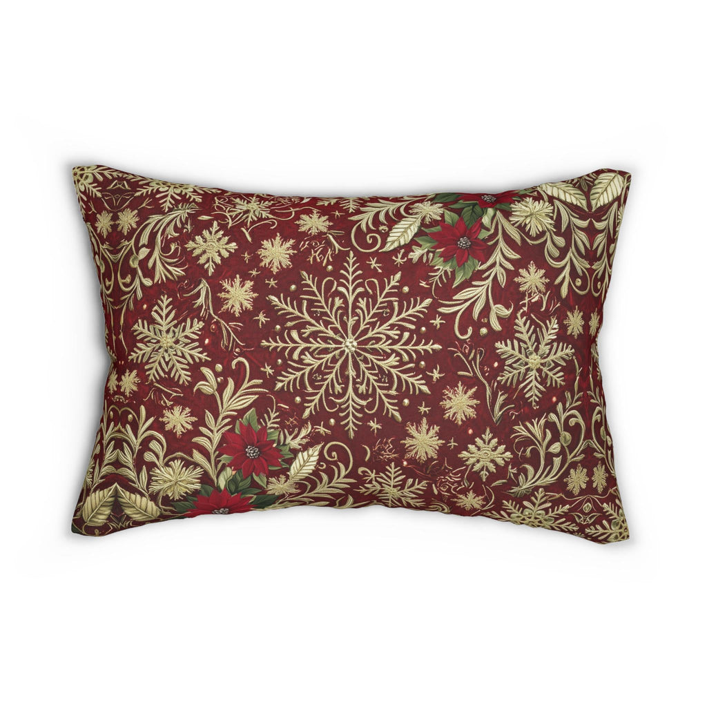 Christmas Snowflake Lumbar Pillow: Crimson Red Antique Gold with Deep Green Accents