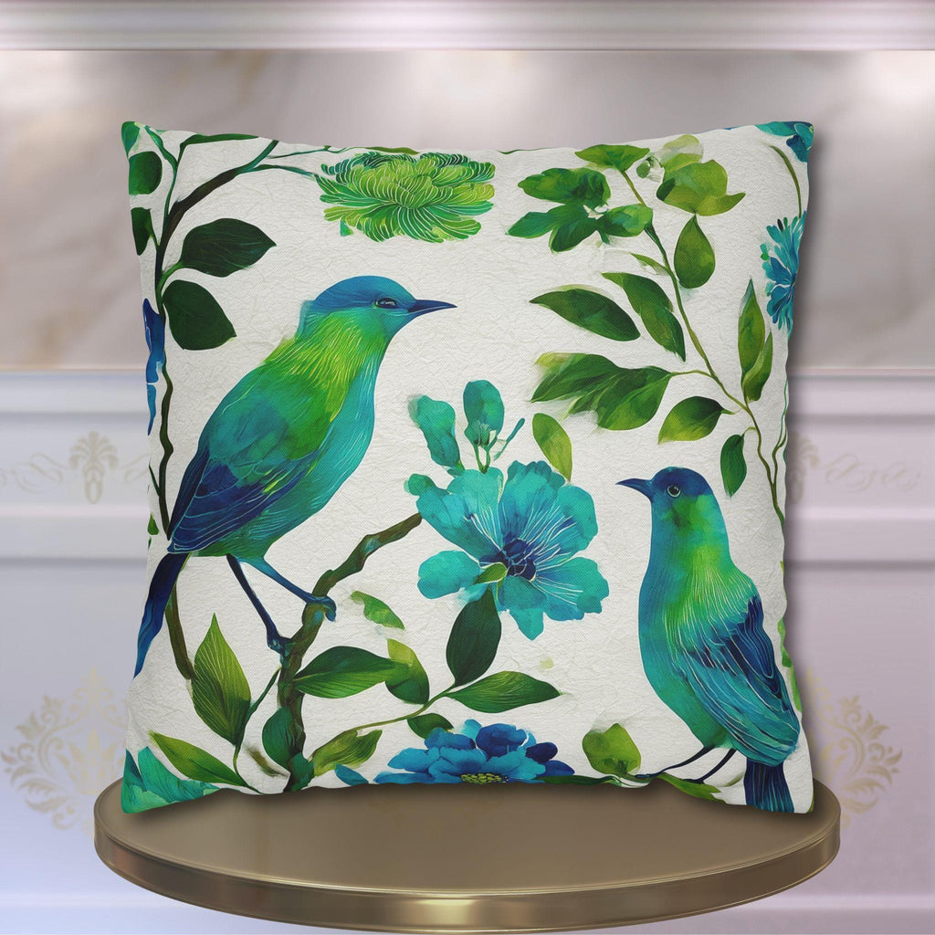 Chinoiserie Bird Pillow Cover: Teal Green Watercolor Floral Cushion