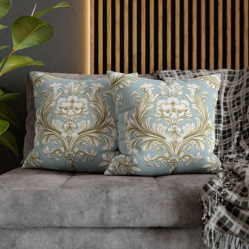 Elegant Baroque Floral Pillowcase: Champagne & Gold on Powder Blue - Luxurious Home Decor Gift