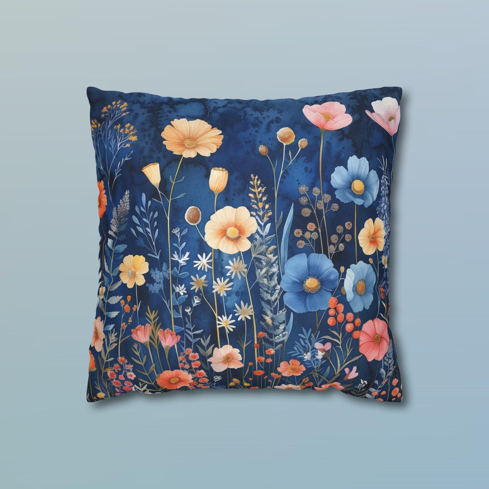Navy Blue Floral Pillow Cover: Dreamy Garden Accent