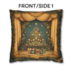 Vintage Art Nouveau Christmas Pillow Cover: Theatrical Tree, Golden Curtains, and Wrapped Gifts