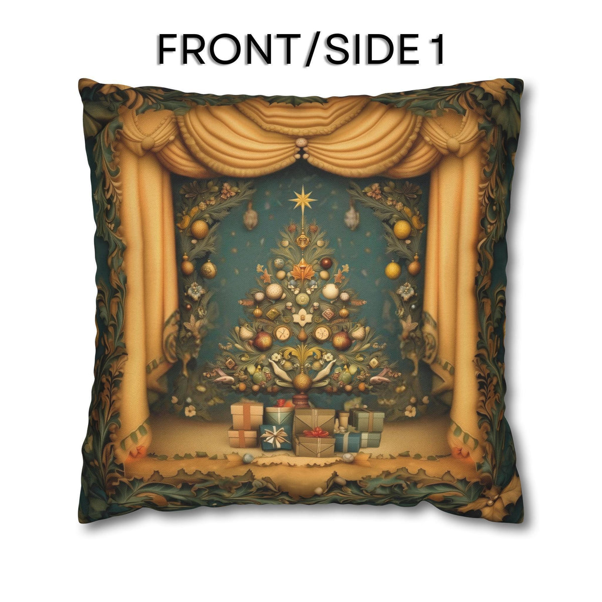 Vintage Art Nouveau Christmas Pillow Cover: Theatrical Tree, Golden Curtains, and Wrapped Gifts