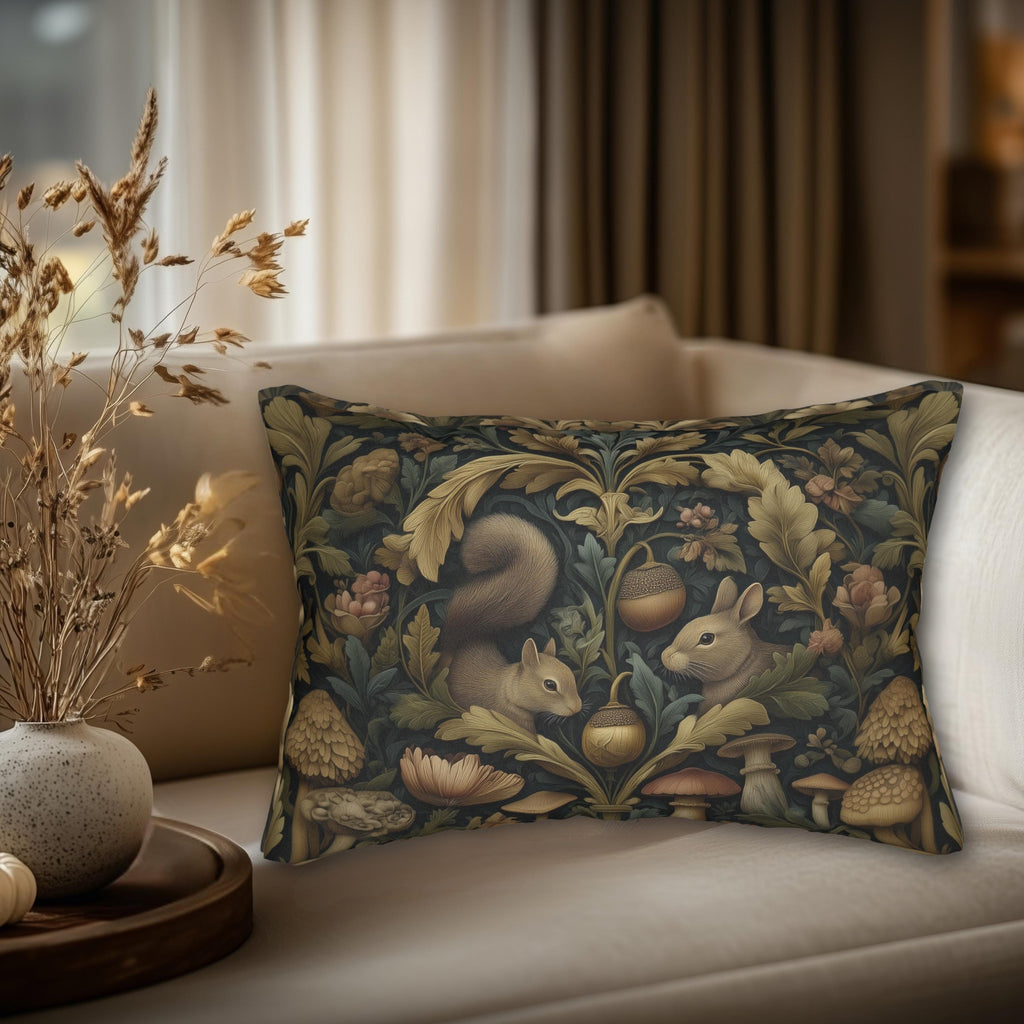William Morris Woodland Forest Lumbar Pillow: Squirrel & Rabbit Tapestry-Style