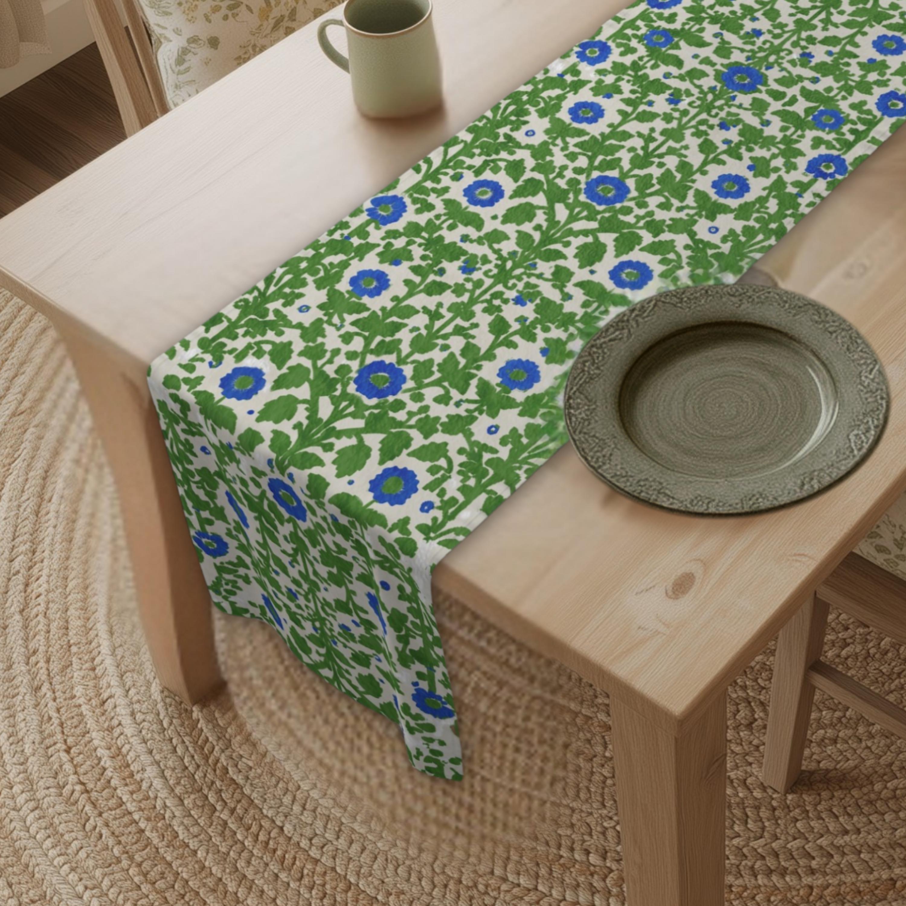 Elegant William Morris Arts and Crafts Floral Table Runner: Blue & Olive on Charcoal