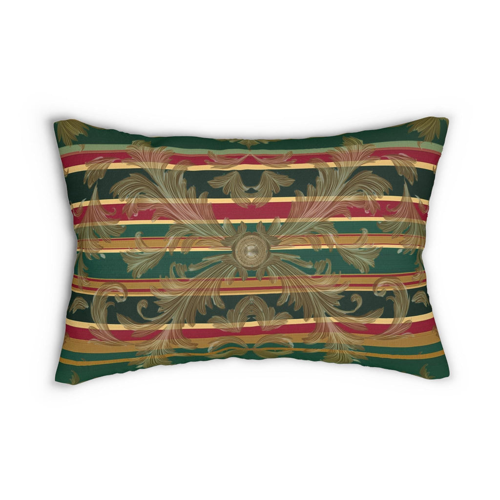 Gold Damask Christmas Lumbar Pillow: Emerald Tartan Bands and Medallion Accent