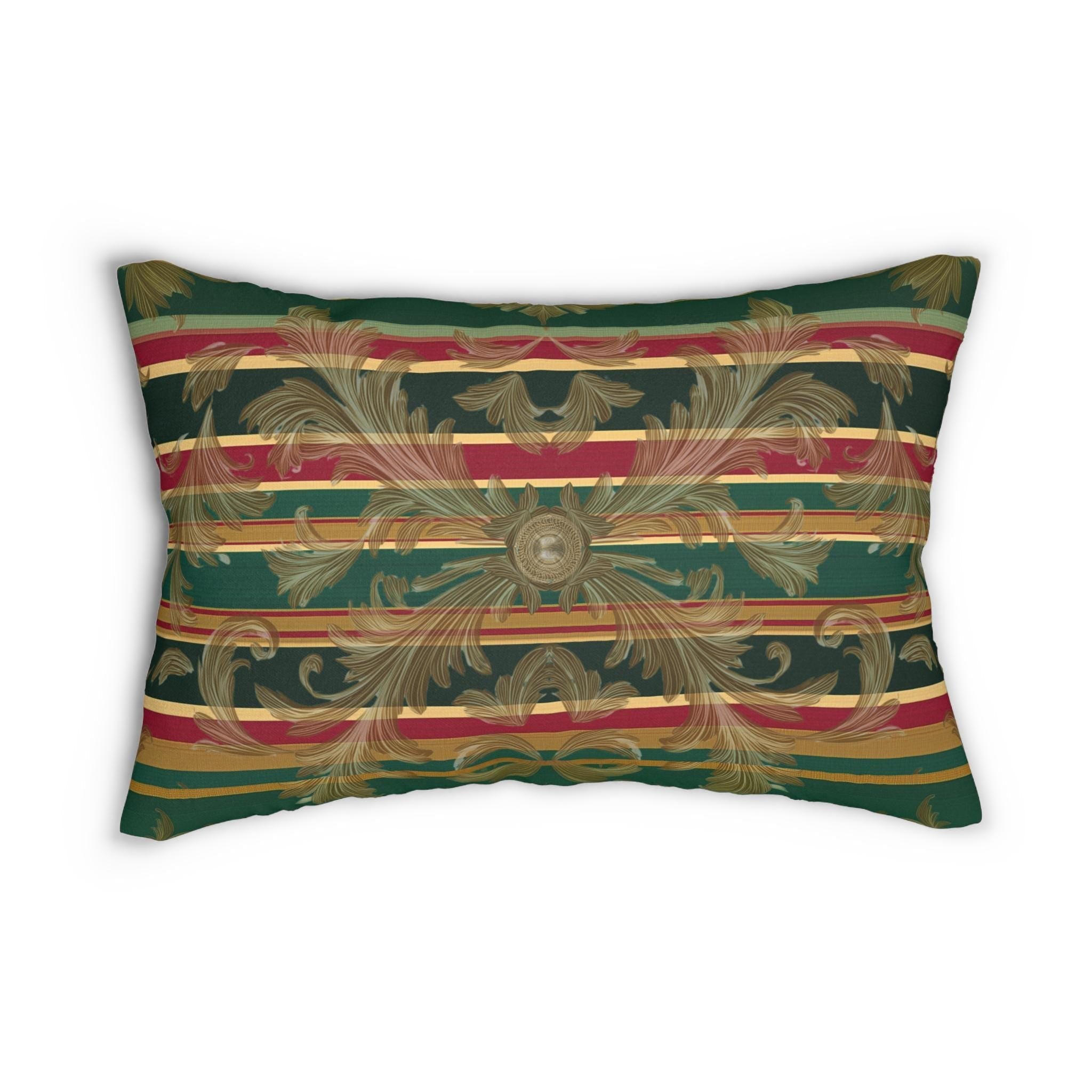 Gold Damask Christmas Lumbar Pillow: Emerald Tartan Bands and Medallion Accent