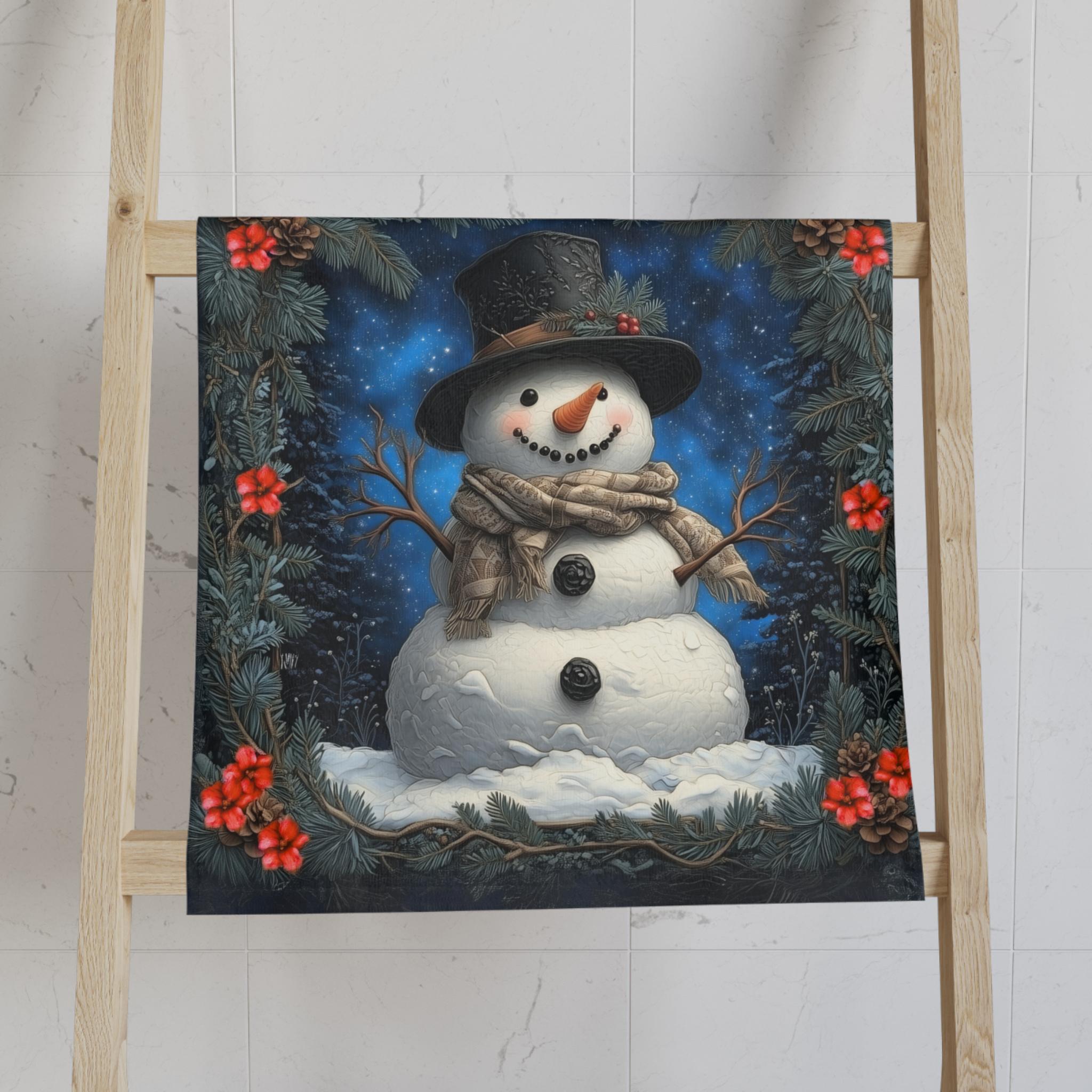 William Morris Inspired Snowman Hand Towel: Christmas Winter Bath or Kitchen Decor