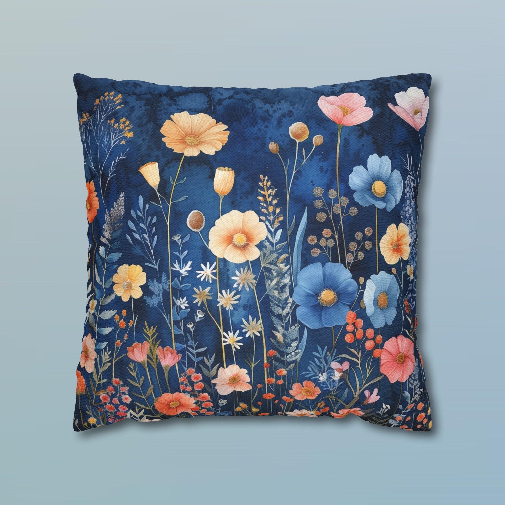 Navy Blue Floral Pillow Cover: Dreamy Garden Accent