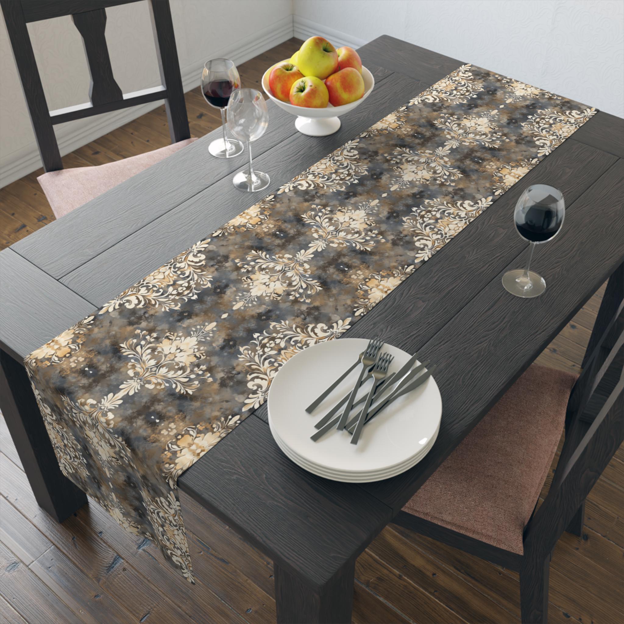 Vintage-Inspired Damask Table Runner: Elegant Cream & Gray Floral Design for Soft Dining Room Decor