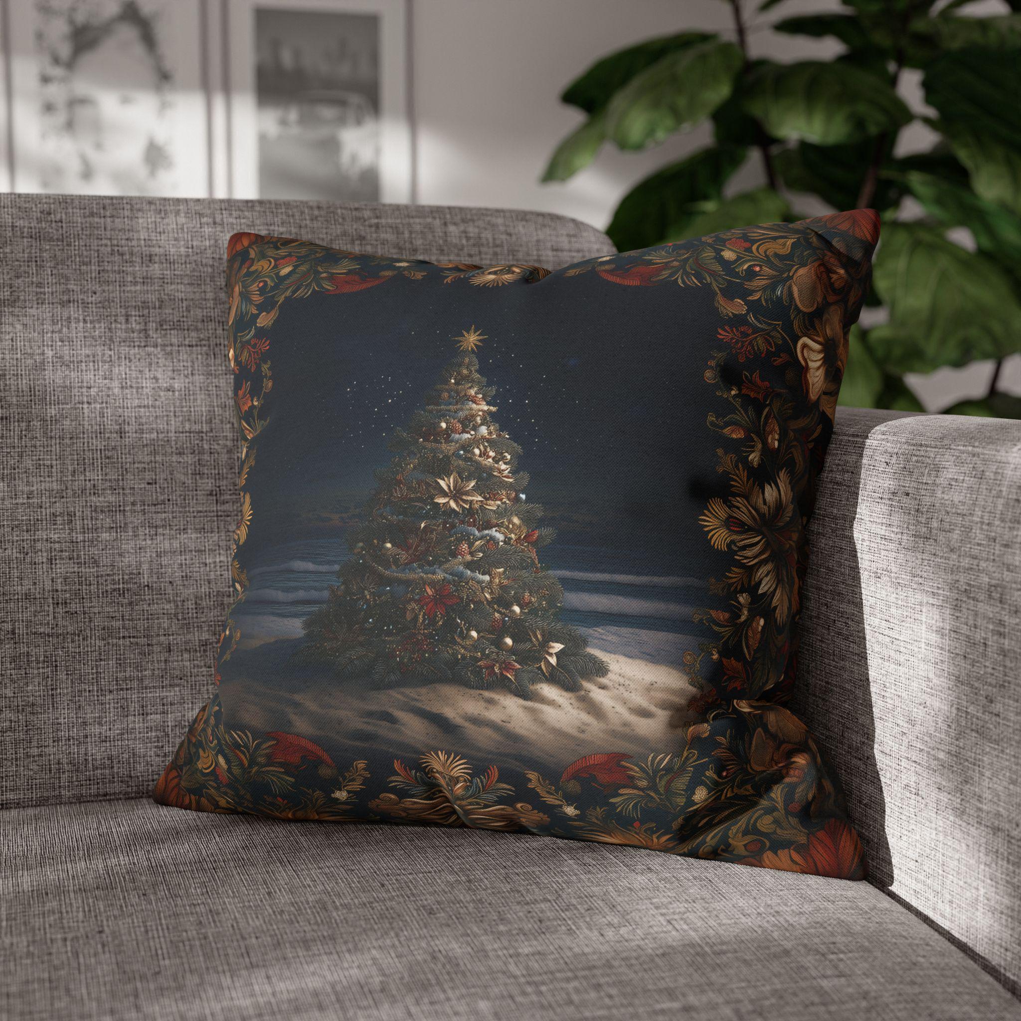 Coastal Christmas Pillow Cover: Tropical William Morris Tree, Red Gold Blue