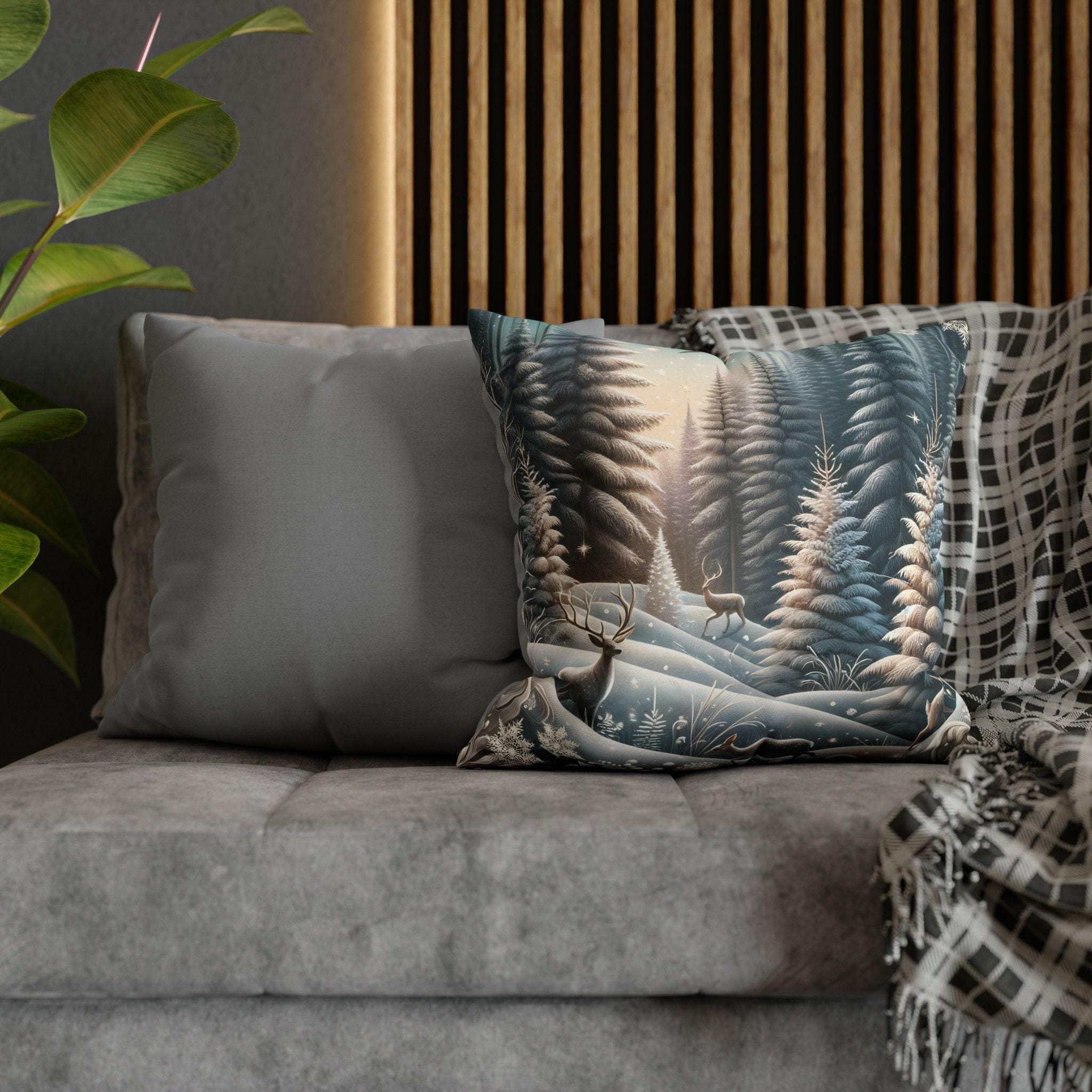 Elegant Winter Forest Pillow Cover: 3D-Rendered Snowy Scene with Wildlife for Festive Home Decor