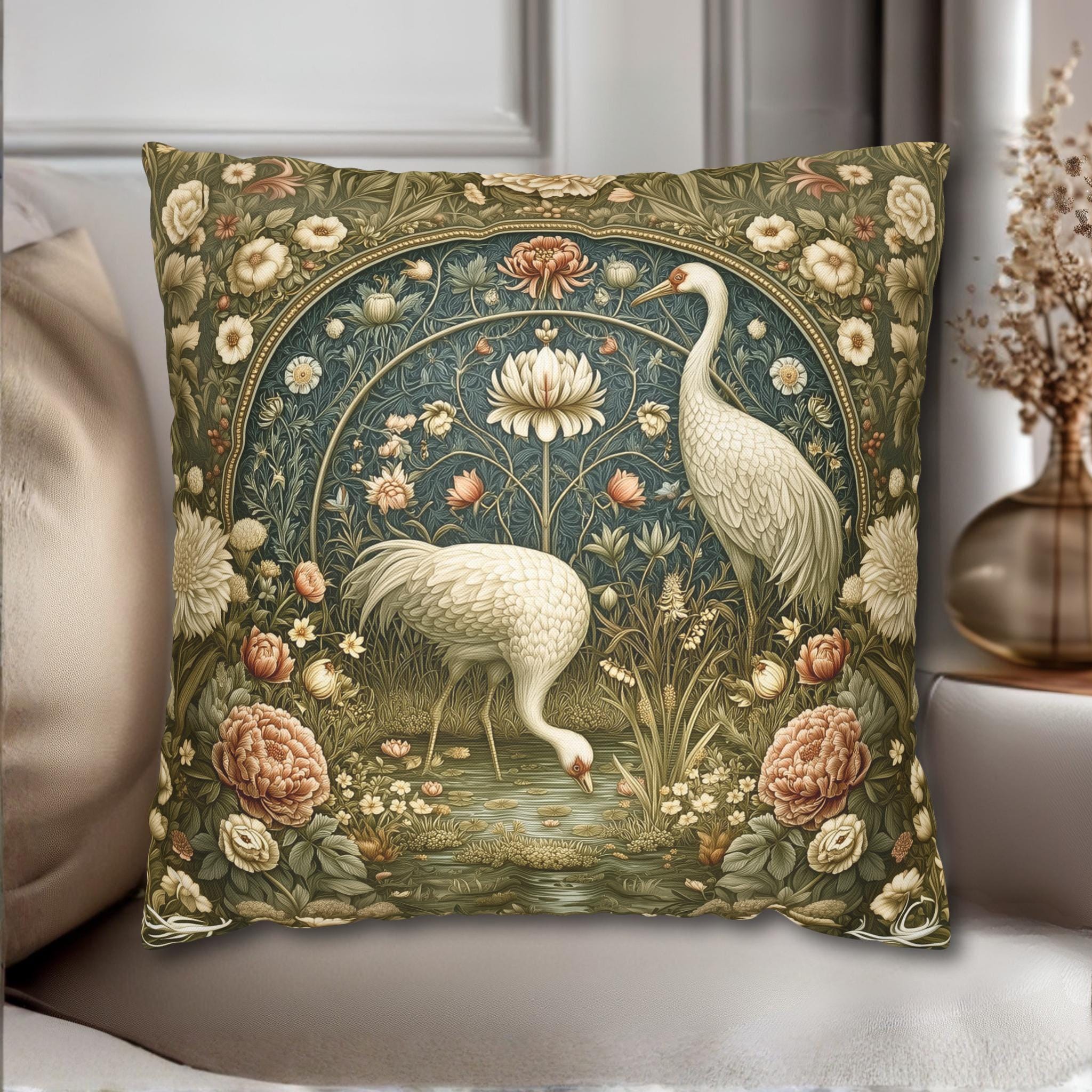 William Morris Style Throw Pillow Cover: Cranes and Marsh Botanicals