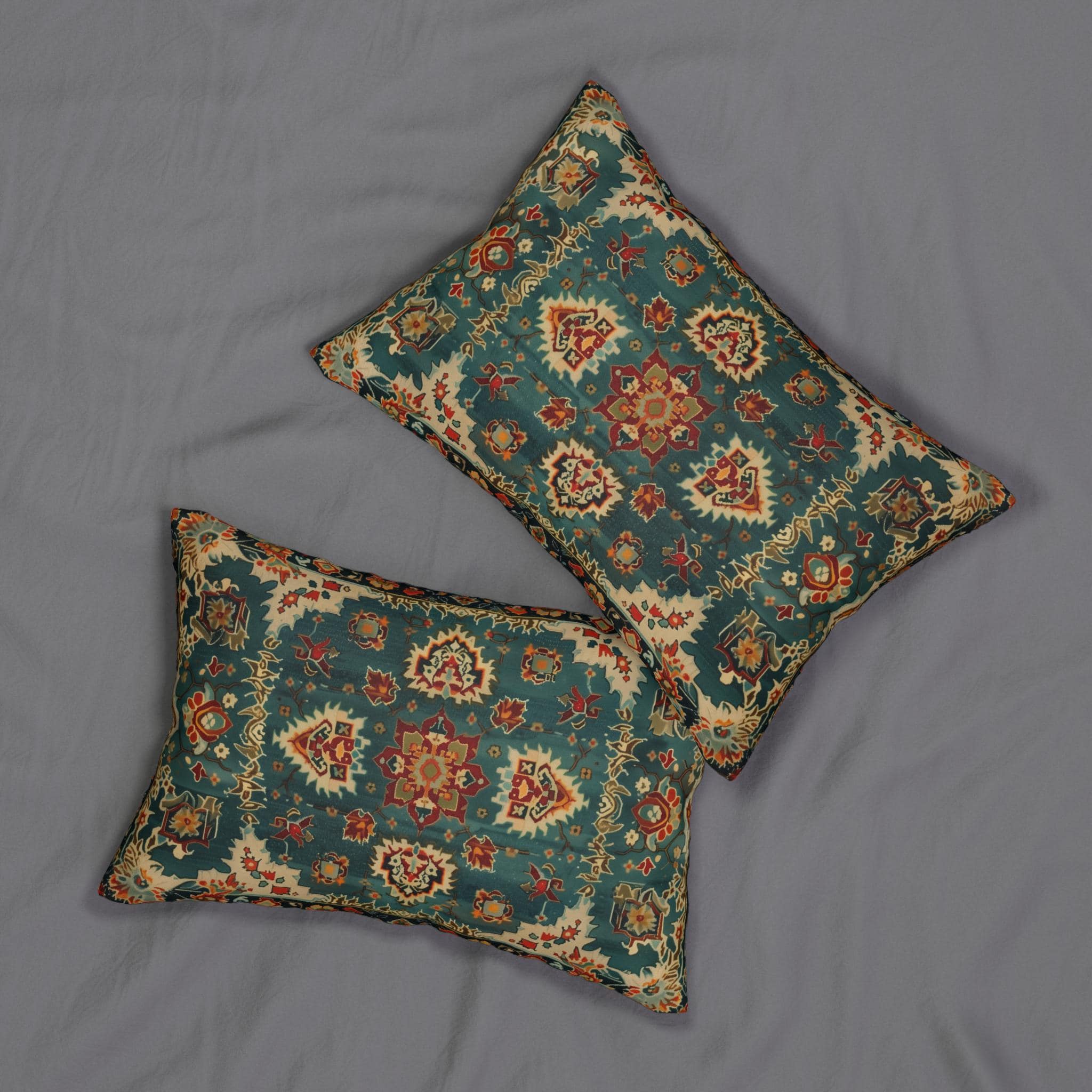 Turkish Rug-Inspired Lumbar Throw Pillow Traditional  Rich Medallion Pattern Deep Teal and Warm Red Square Cushion Cover
