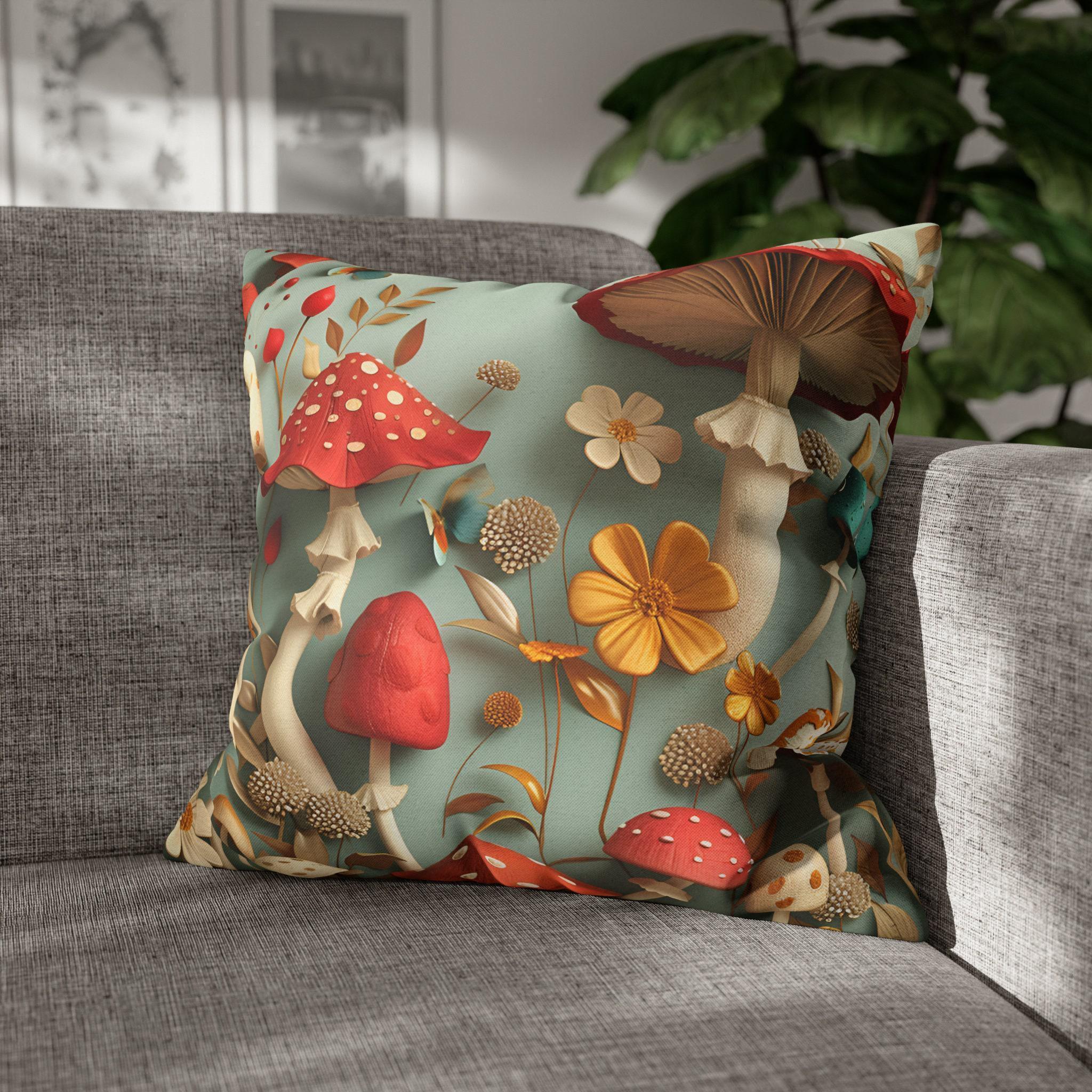Enchanted Forest Mushroom Throw Pillow Cover: Colorful Nature-Inspired Cushion for Boho Home Decor