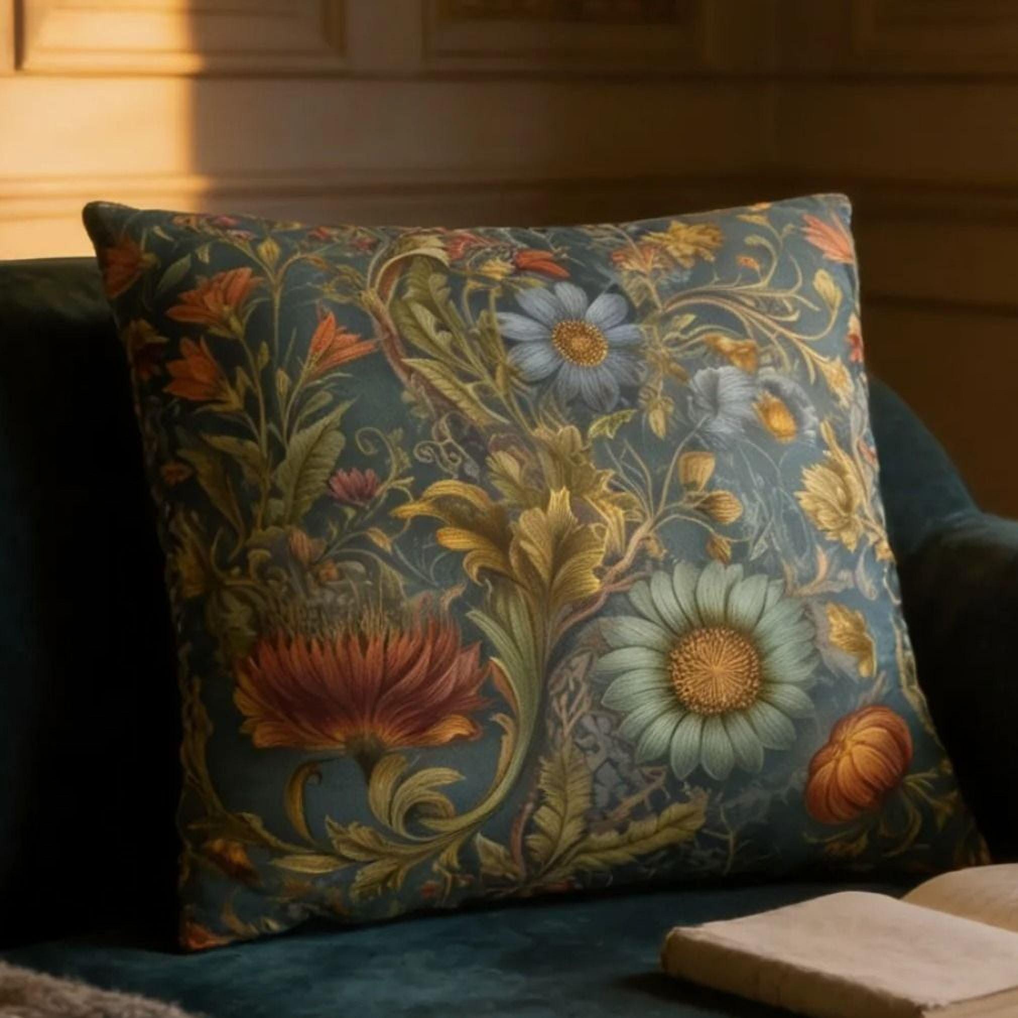 William Morris Inspired Throw Pillow Cover: Moody Teal Botanical Floral