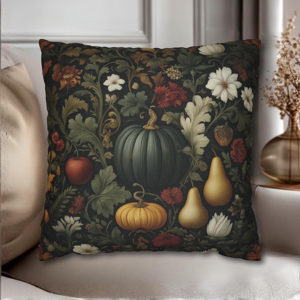 William Morris Inspired Pillow Cover: Midnight Harvest with Pumpkins, Pears & Florals