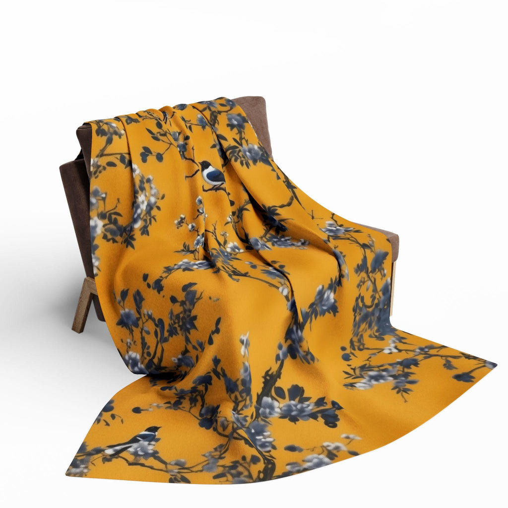 Elegant Chinoiserie Throw Blanket: Golden Yellow with Blue Blossom Branches, Asian-Inspired Home Accent