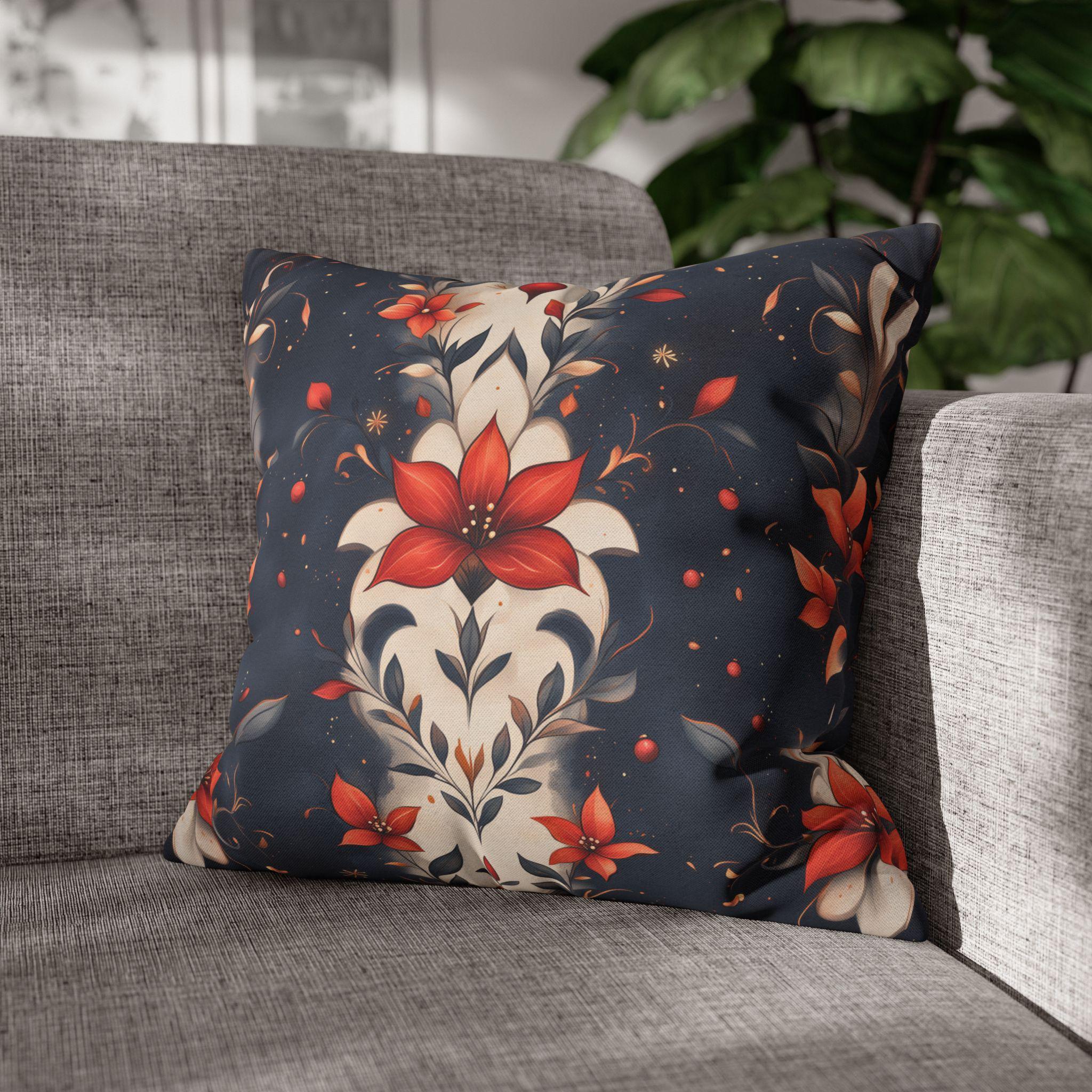Fleur de Lis Poinsettia Pillow Cover, Holiday Floral on Navy