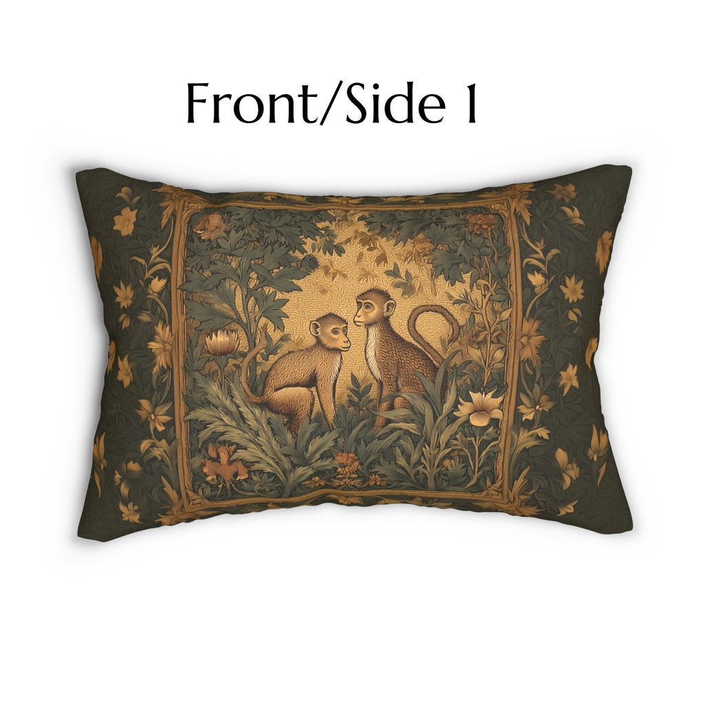 William Morris Style Lumbar Pillow:  Monkey Jungle Botanical Design