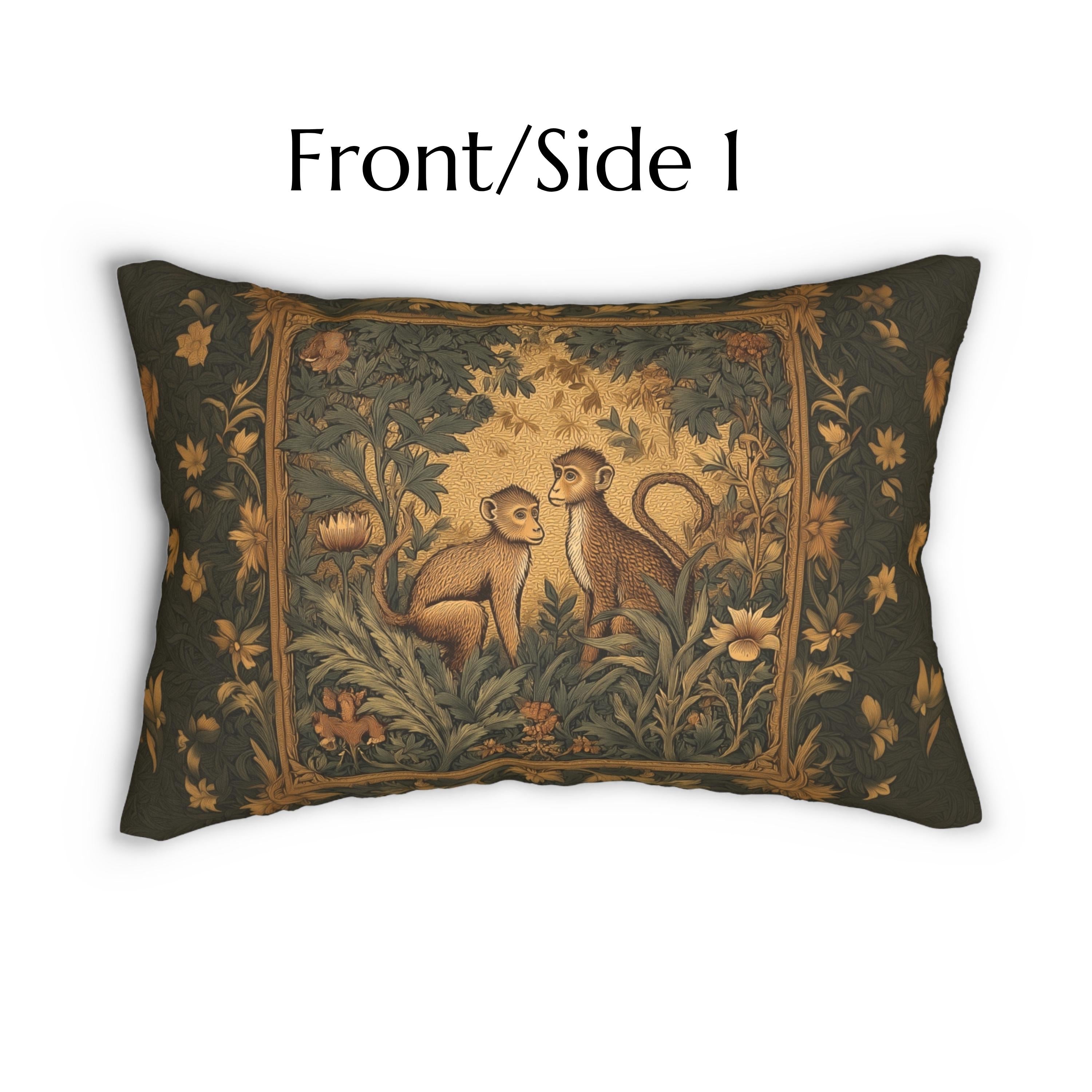 William Morris Style Lumbar Pillow:  Monkey Jungle Botanical Design