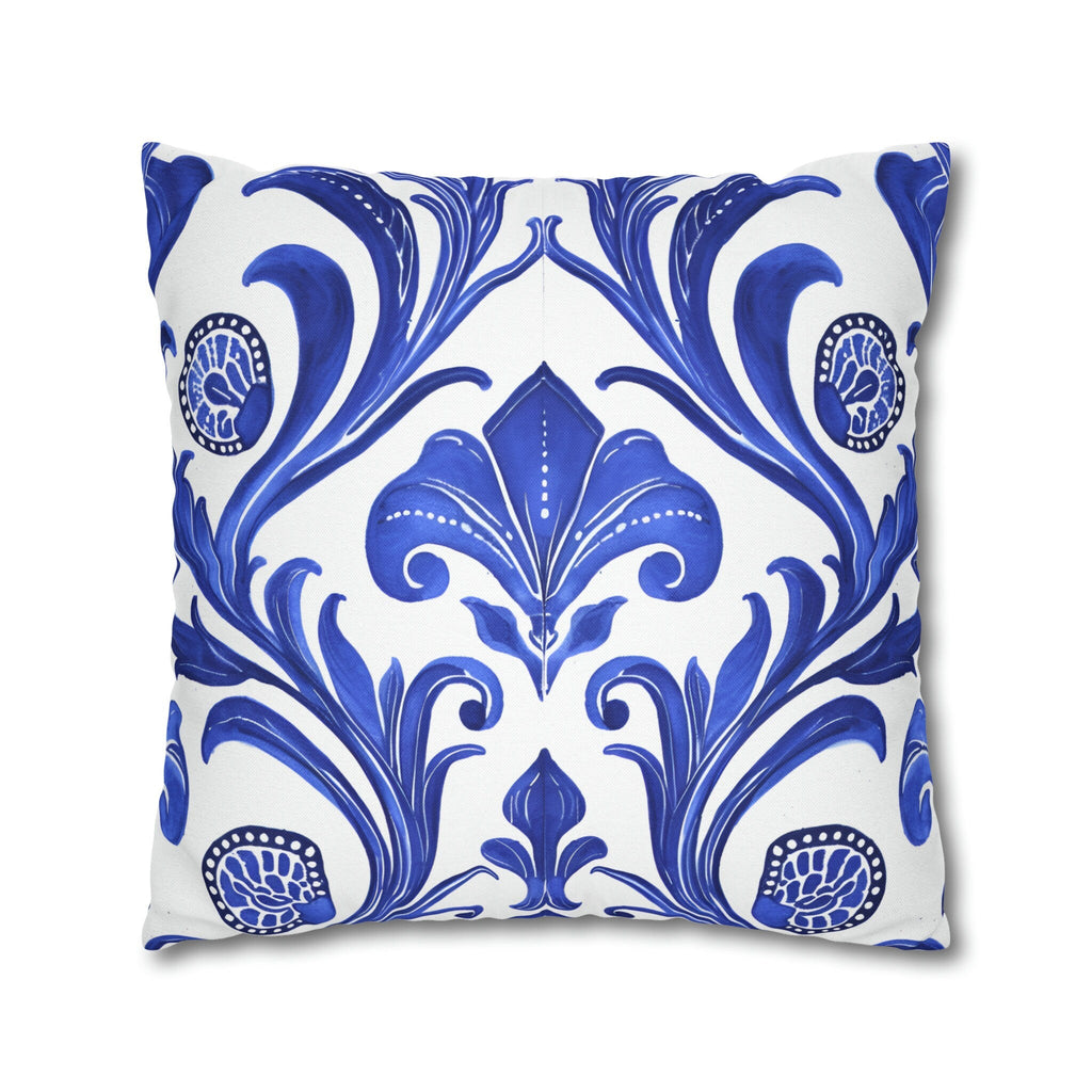 Blue Floral Art Nouveau Pillow Cover, Crisp White Decor