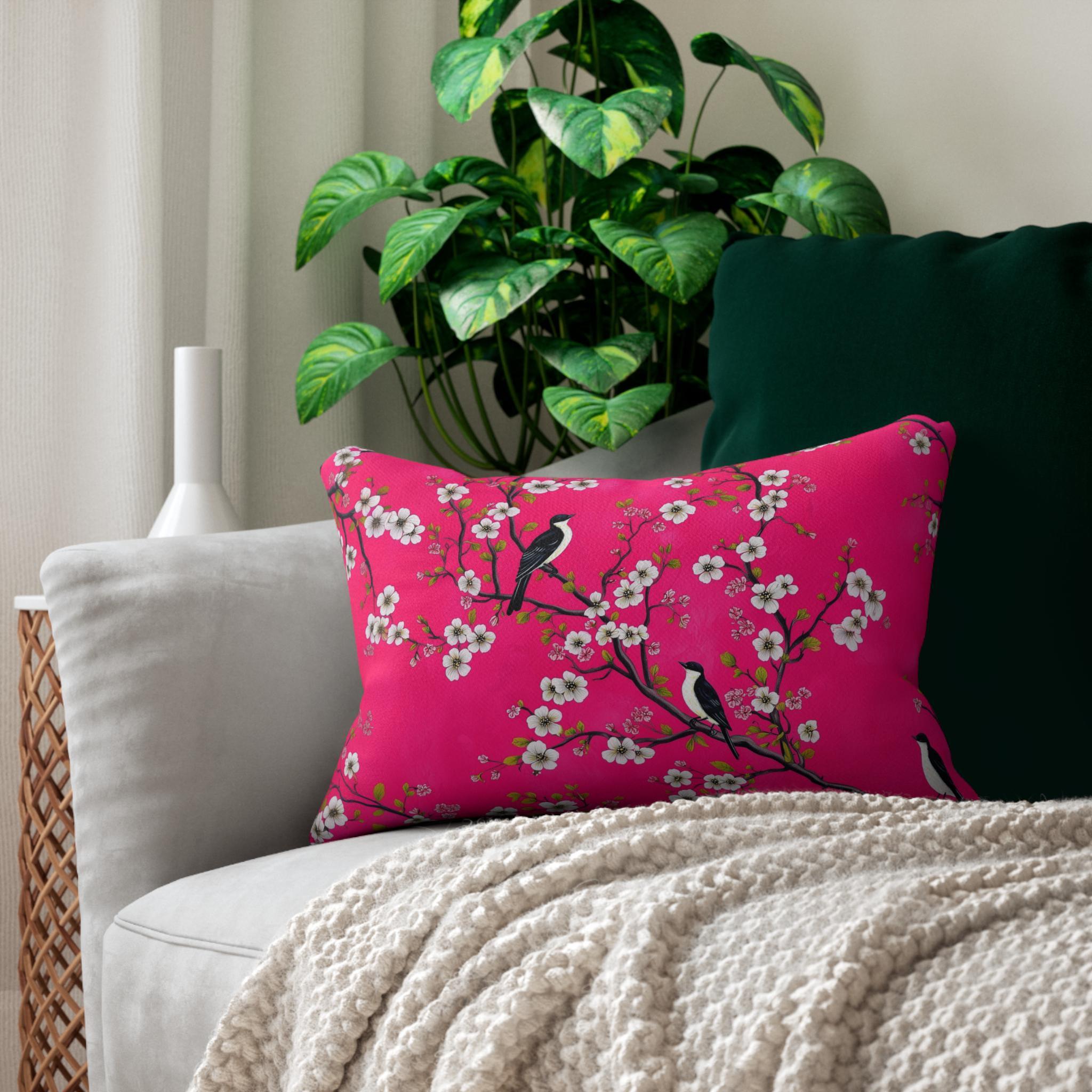 Chinoiserie Magenta Bird Lumbar Pillow: Vibrant Botanical Accent for Eclectic Decor