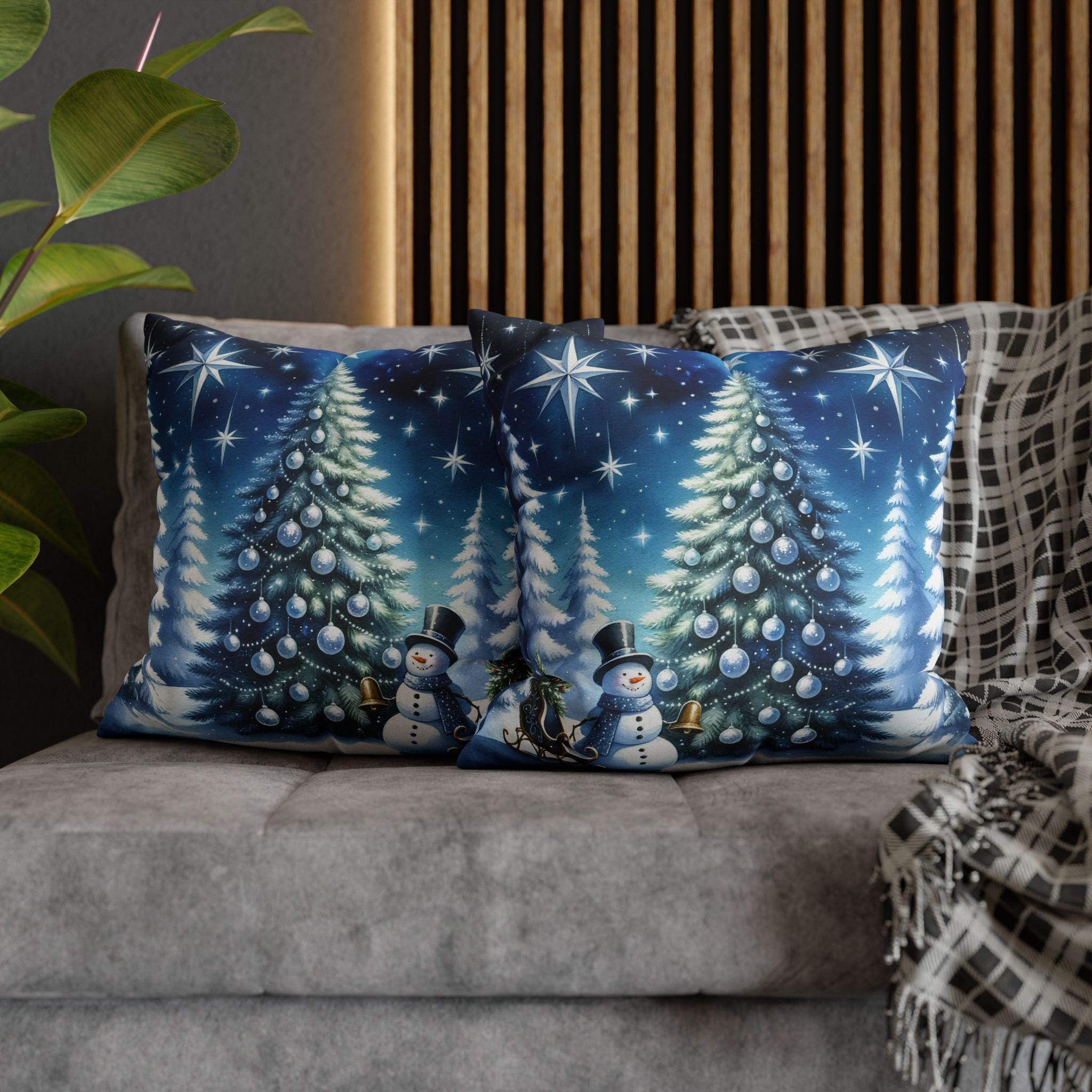 Serene Watercolor Style Christmas Pillow Cover: Snowman & Tree Winter Decor