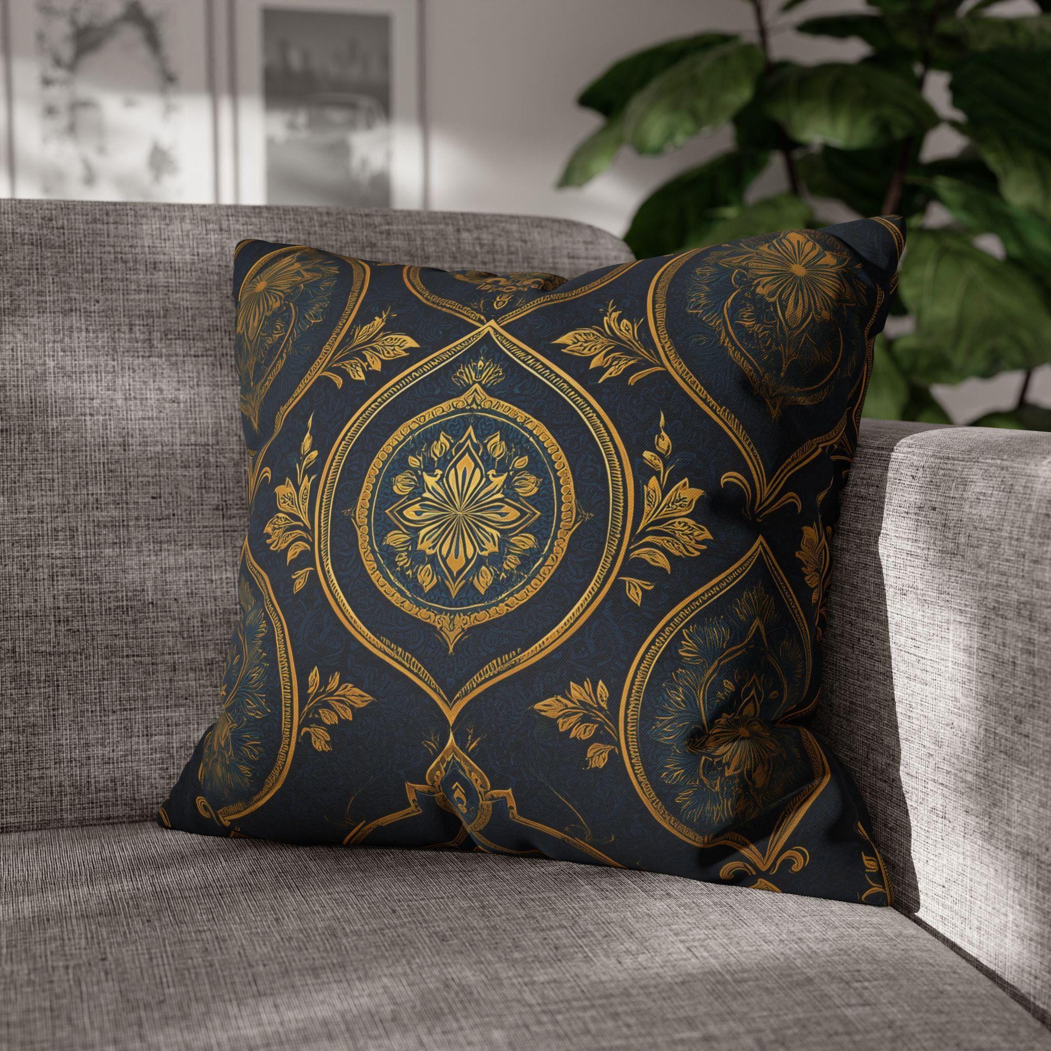 Navy & Gold Damask Pillow Cover: Vintage Style Floral Medallion Cushion