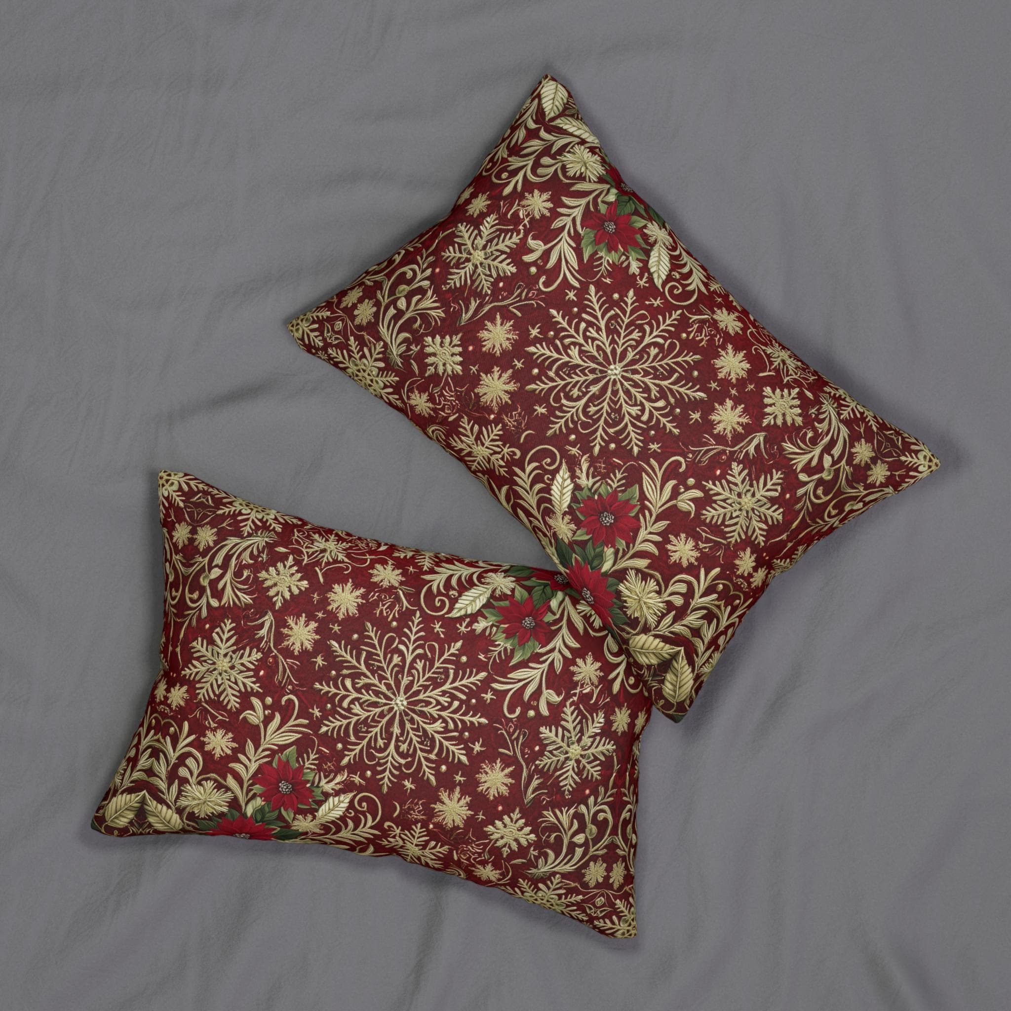 Christmas Snowflake Lumbar Pillow: Crimson Red Antique Gold with Deep Green Accents