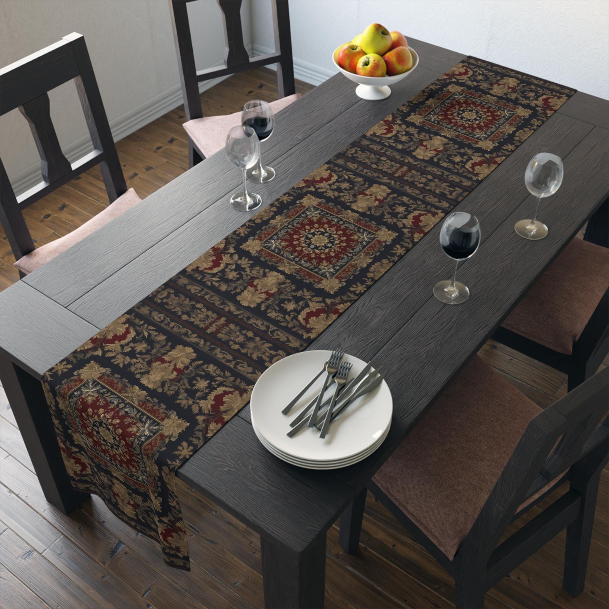 Elegant Vintage-Inspired Table Runner: Gold, Burgundy & Navy Luxury Design Antique-Style Home Decor