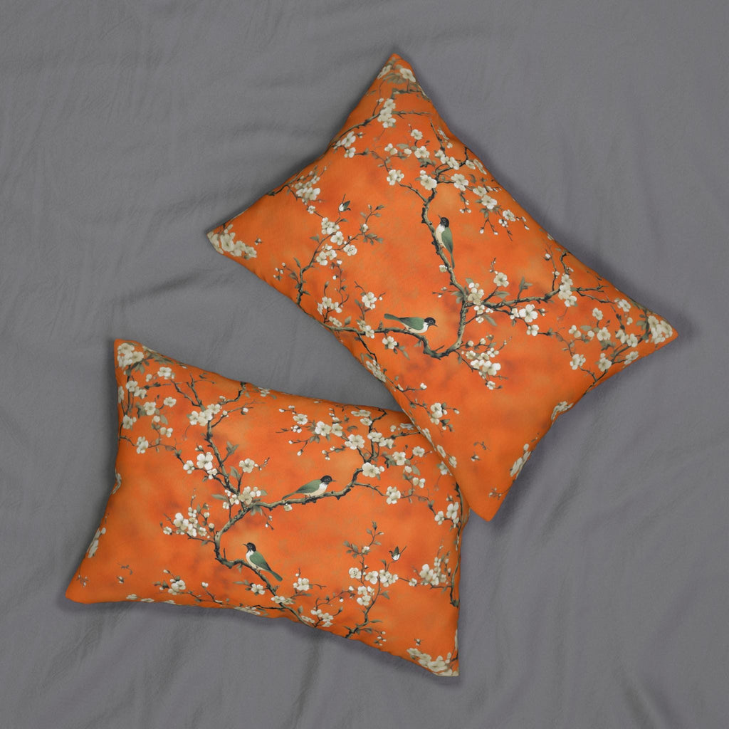 Elegant Chinoiserie Lumbar Pillow: Burnt Orange Asian-Inspired Floral Bird Design