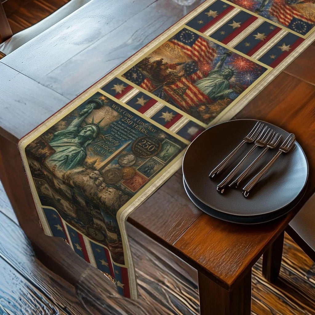 Patriotic Table Runner: USA 250th Anniversary Liberty and Justice Theme