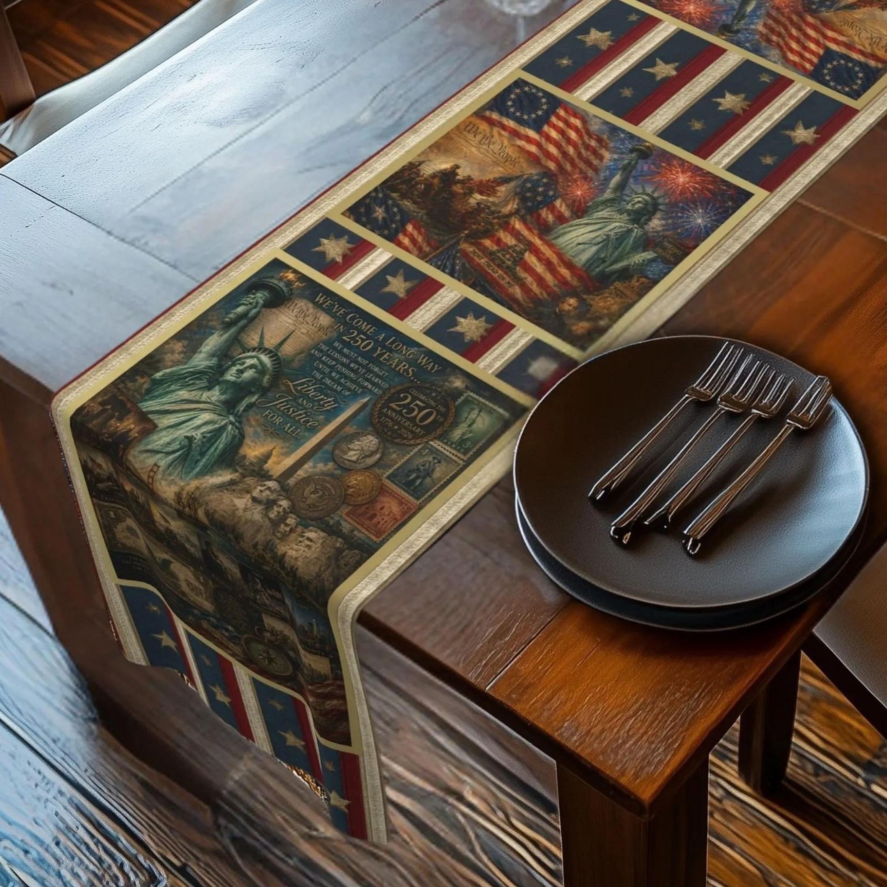 Patriotic Table Runner: USA 250th Anniversary Liberty and Justice Theme