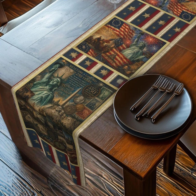 Patriotic Table Runner: USA 250th Anniversary Liberty and Justice Theme