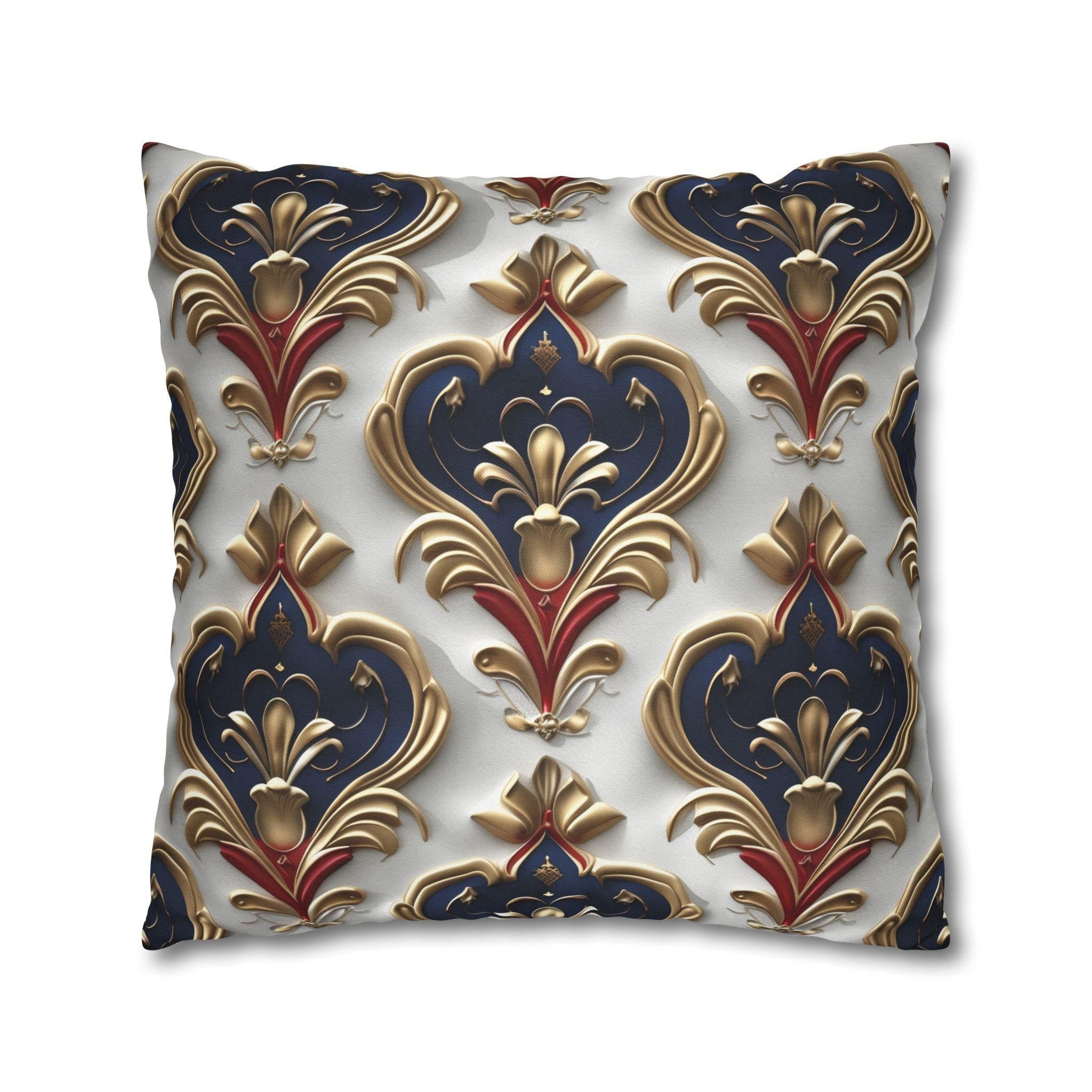 Baroque Pillow Cover: Navy, Gold & Red Fleur-de-Lis Design