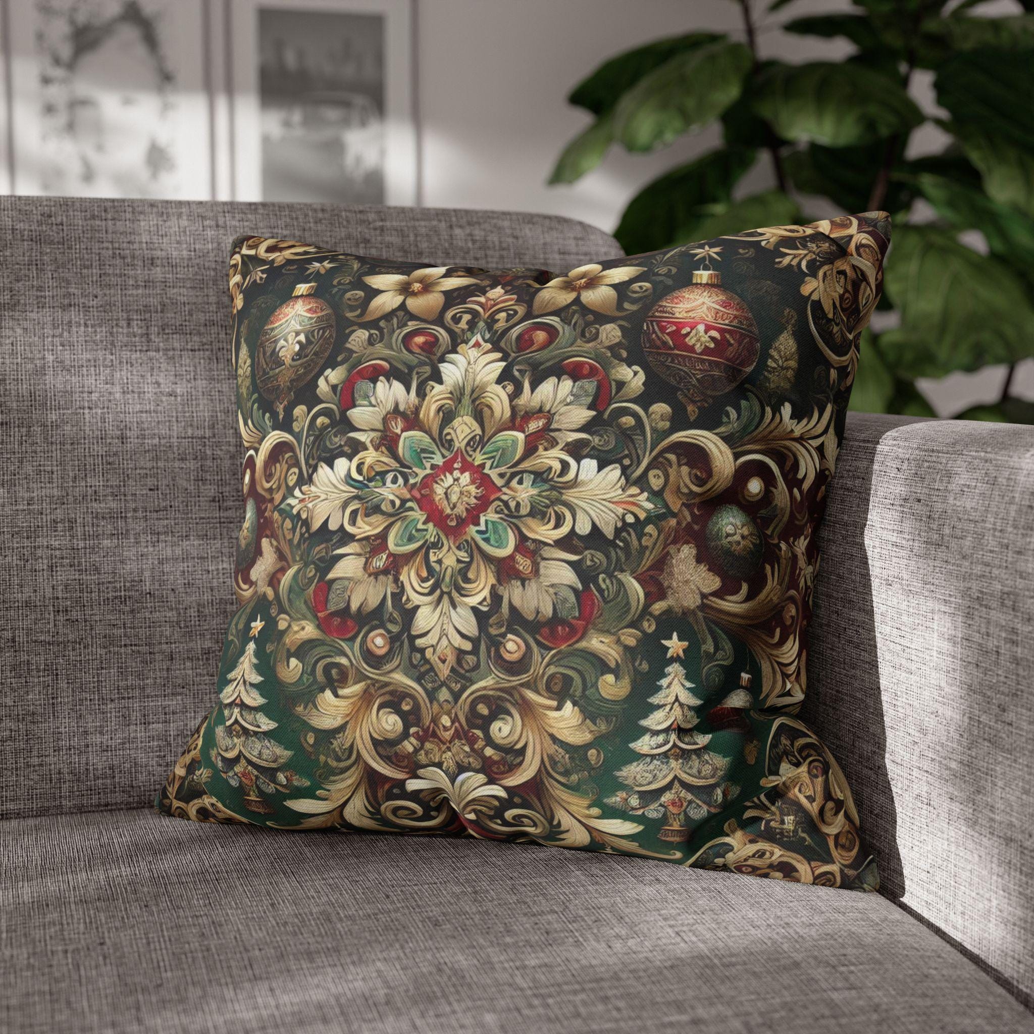Baroque Christmas Square Pillow Cover, Gold Red Green Ornaments, Vintage Style Luxury Design Pillowcase