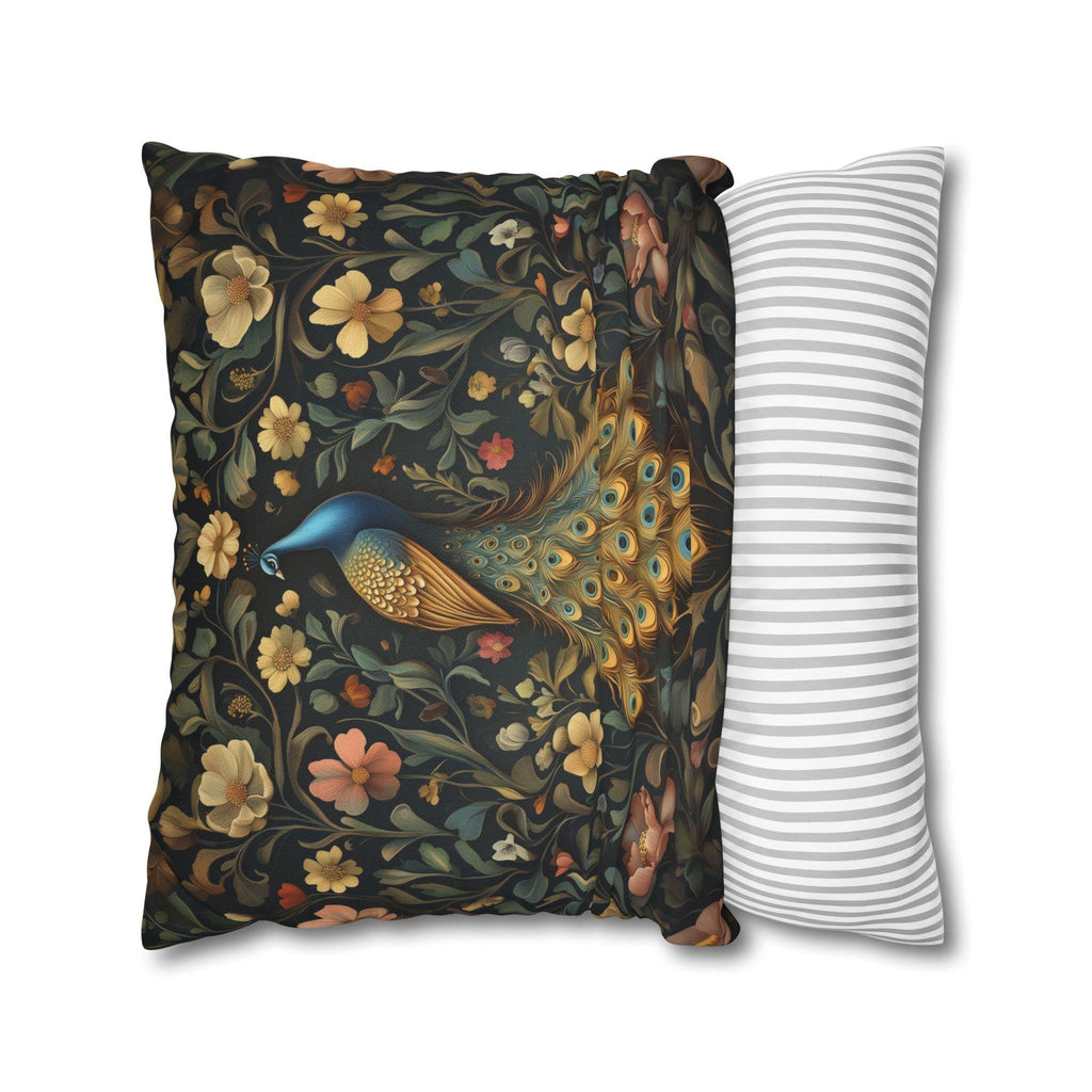 William Morris Inspired Peacock Pillow Cover: Teal-Blue Gold Floral, on a Charcoal Backdrop
