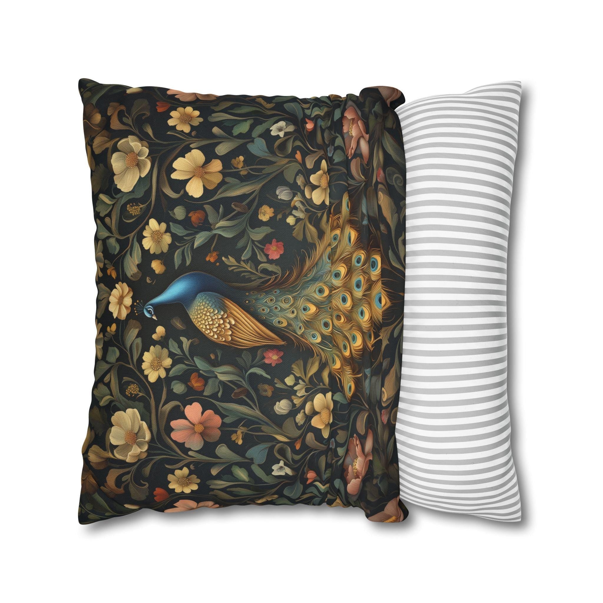 William Morris Inspired Peacock Pillow Cover: Teal-Blue Gold Floral, on a Charcoal Backdrop