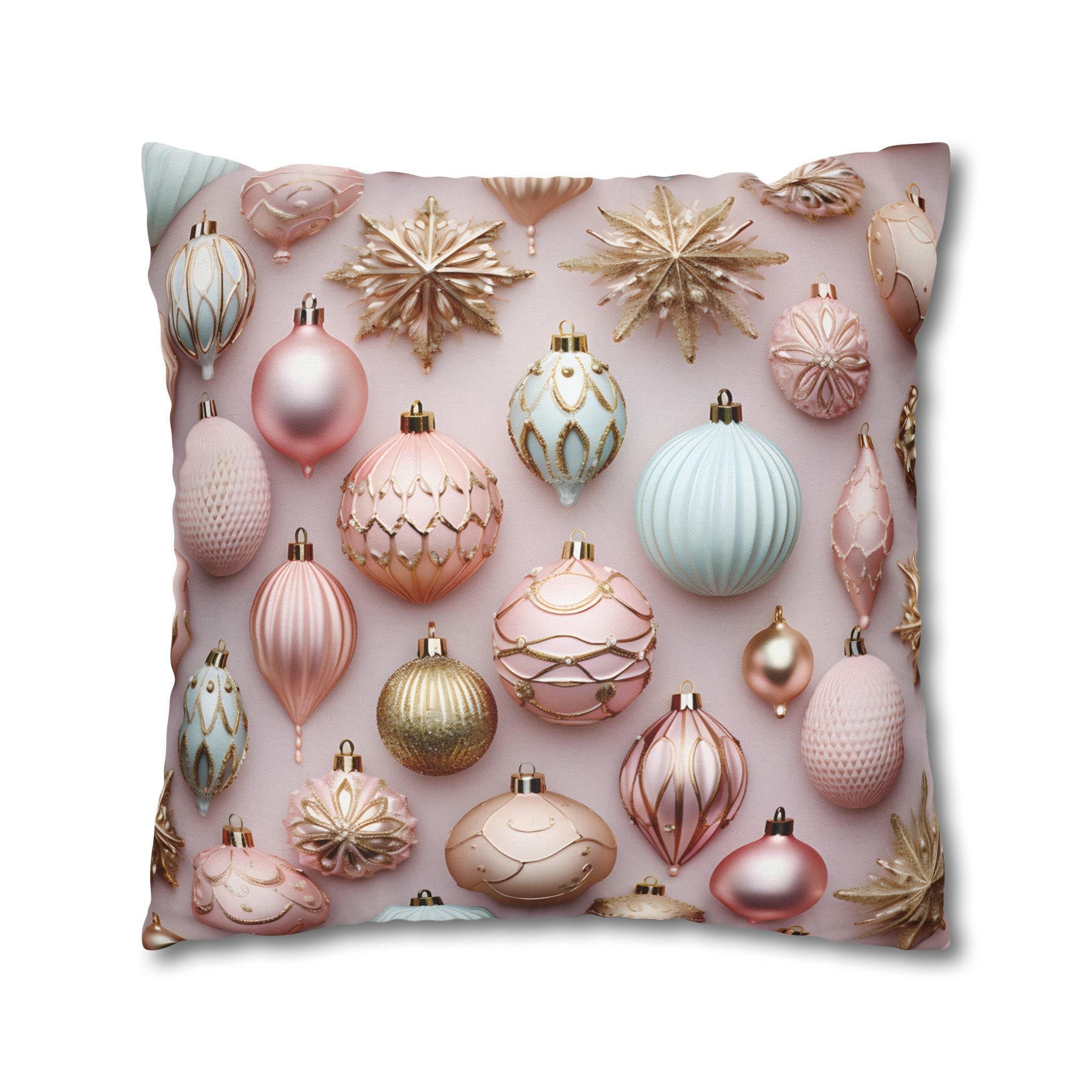 Pastel Holiday Ornaments Pillow Cover: Shimmer & Pink Pattern for Festive Elegance