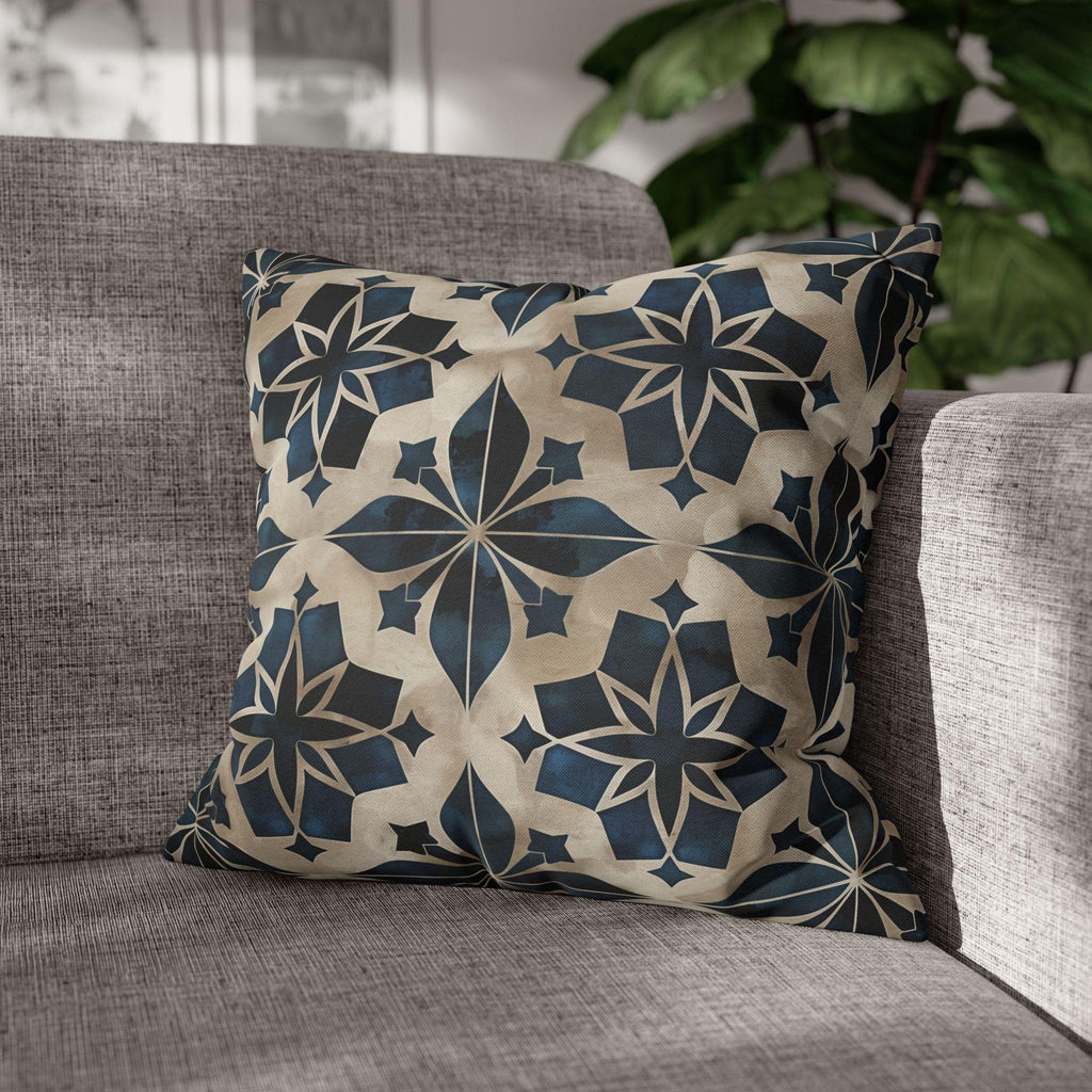Moroccan Tile Pattern Square Pillowcase, Navy Blue Beige Geometric Design Decorative Cushion Cover