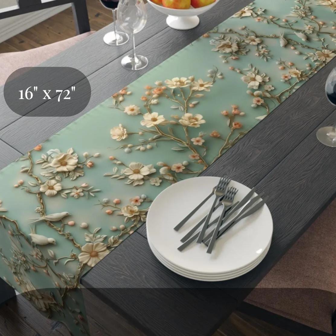 Elegant Chinoiserie Table Runner: Pastel Blue-Green Birds & Blossoms, 3D Floral Dining Decor
