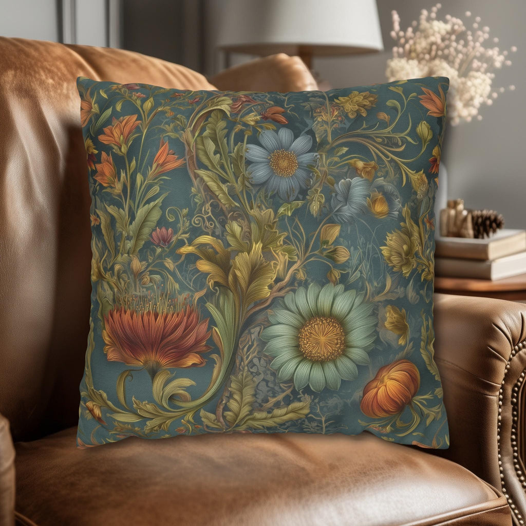 William Morris Inspired Throw Pillow Cover: Moody Teal Botanical Floral