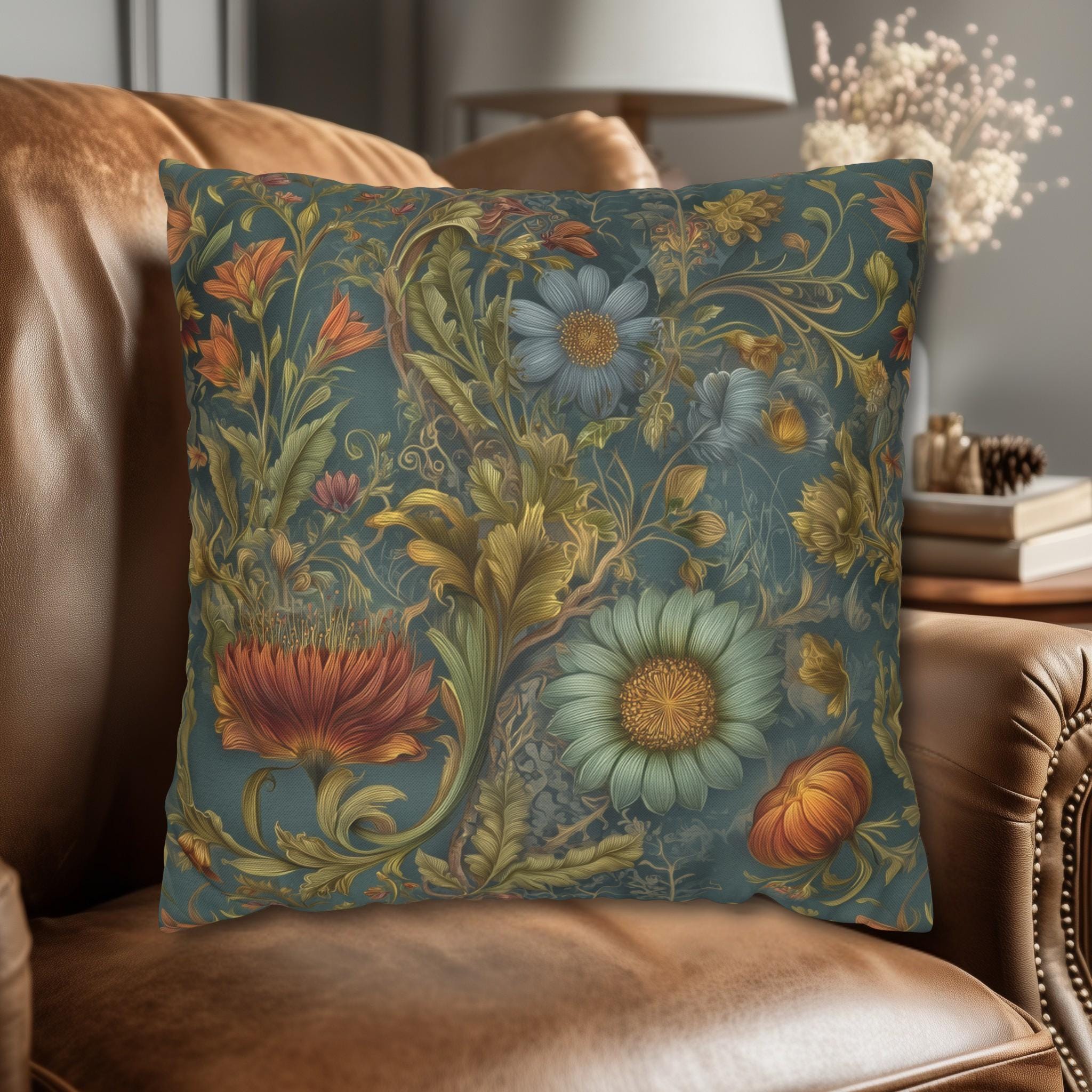 William Morris Inspired Throw Pillow Cover: Moody Teal Botanical Floral