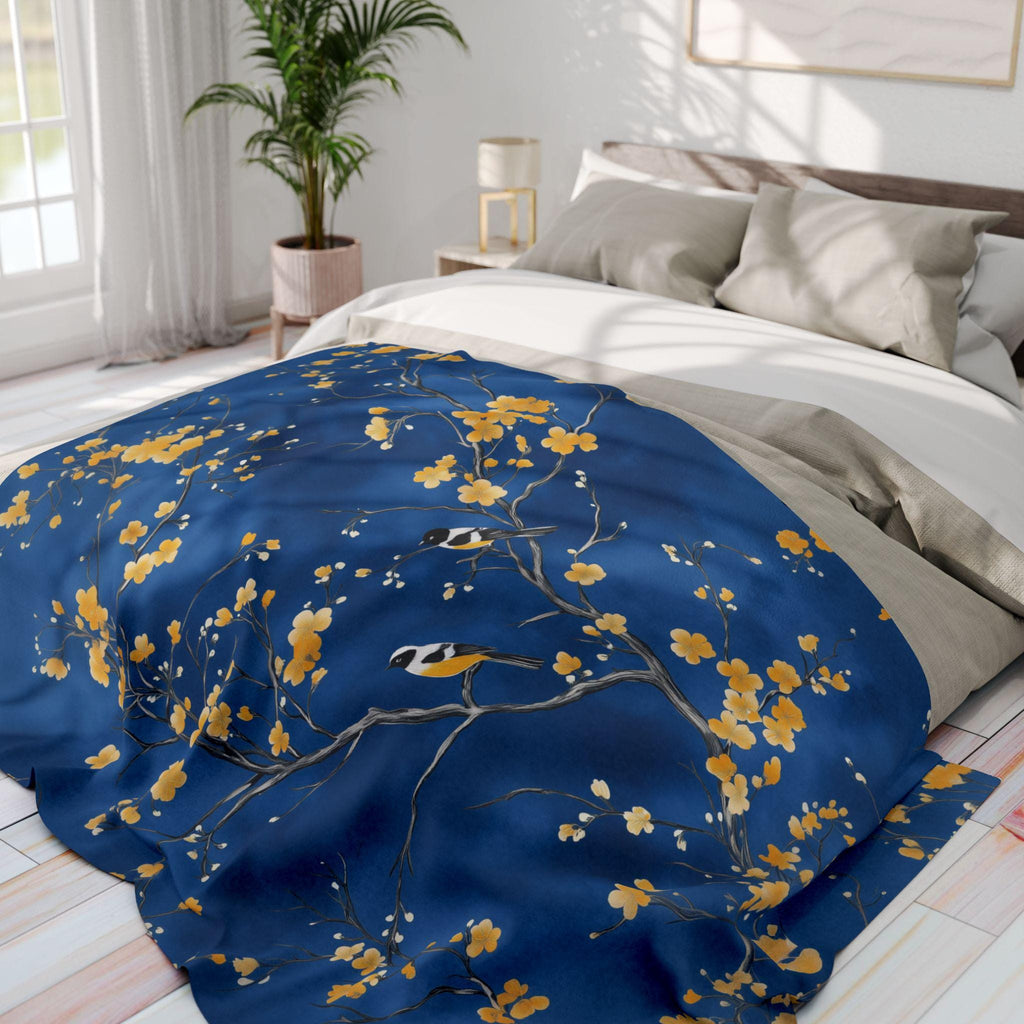 Royal Blue Chinoiserie Throw Blanket: Elegant, Asian-Inspired with Yellow Blossoms and Birds