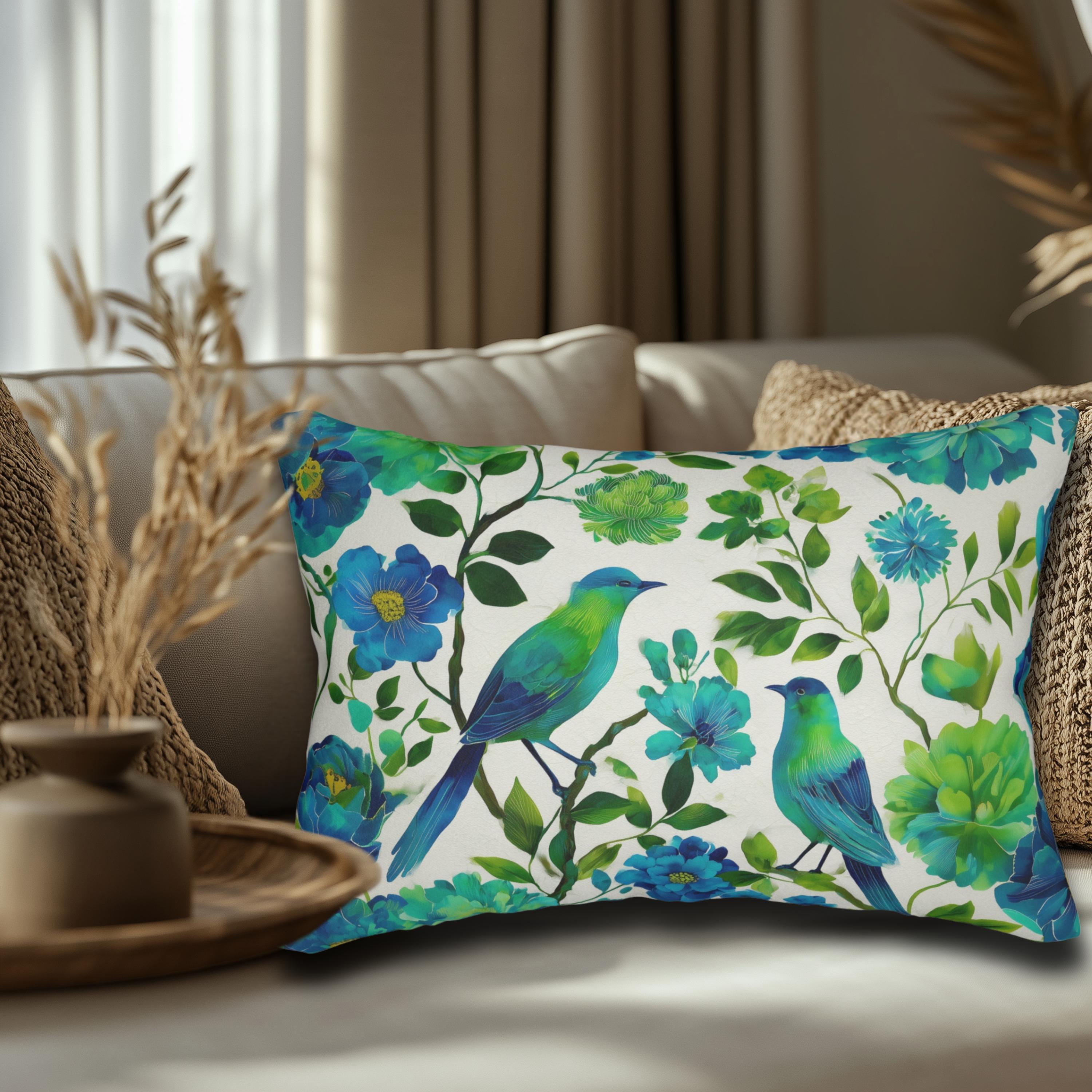 Chinoiserie Bird Lumbar Pillow: Teal & Green Watercolor Floral Cushion for Cottage or Traditional Decor