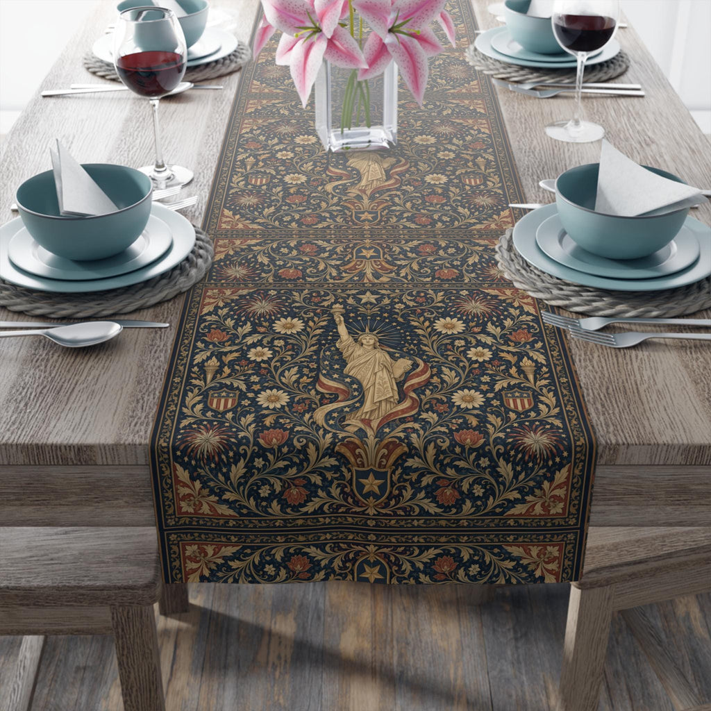 Patriotic Table Runner: Americana Statue of Liberty Botanical Design