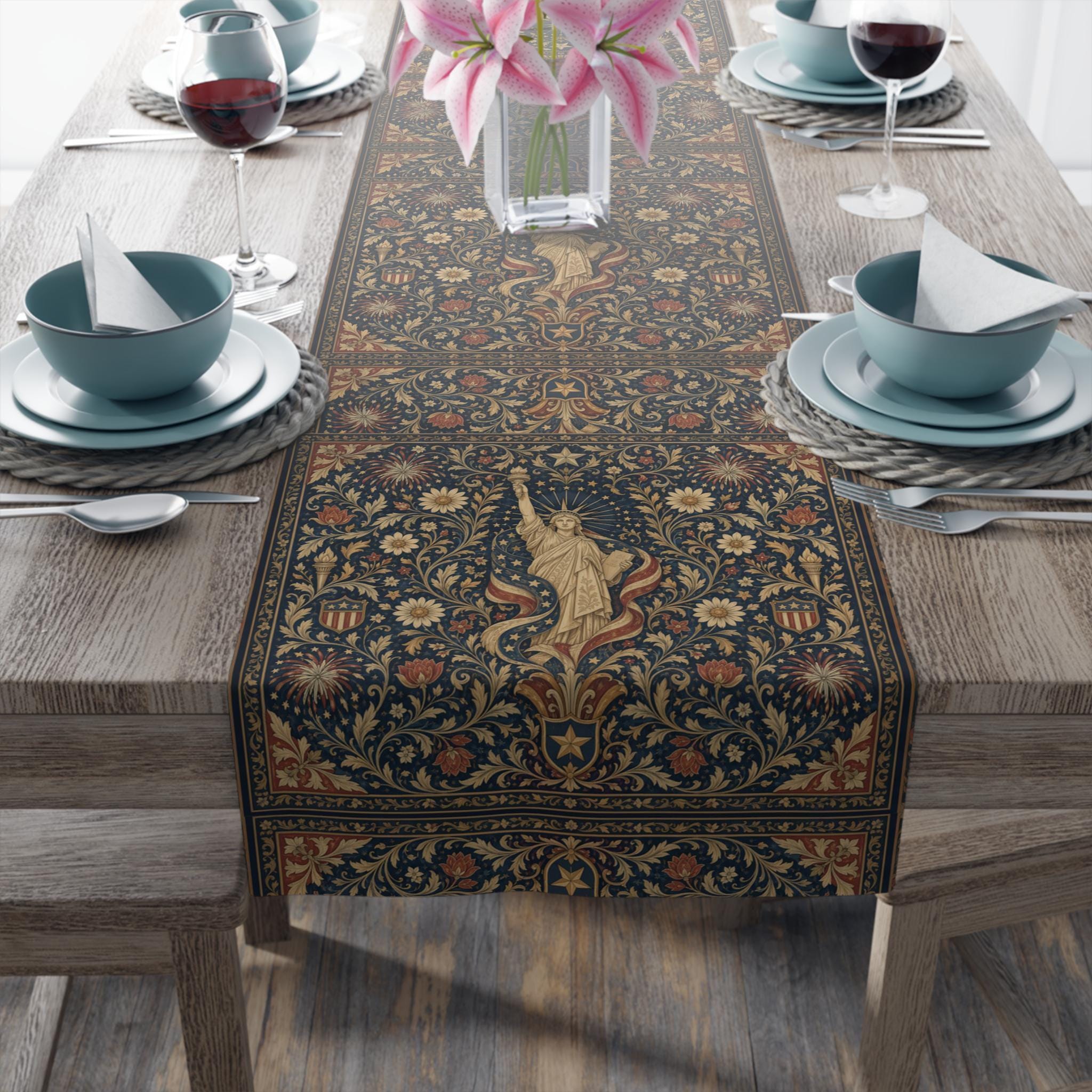 Patriotic Table Runner: Americana Statue of Liberty Botanical Design